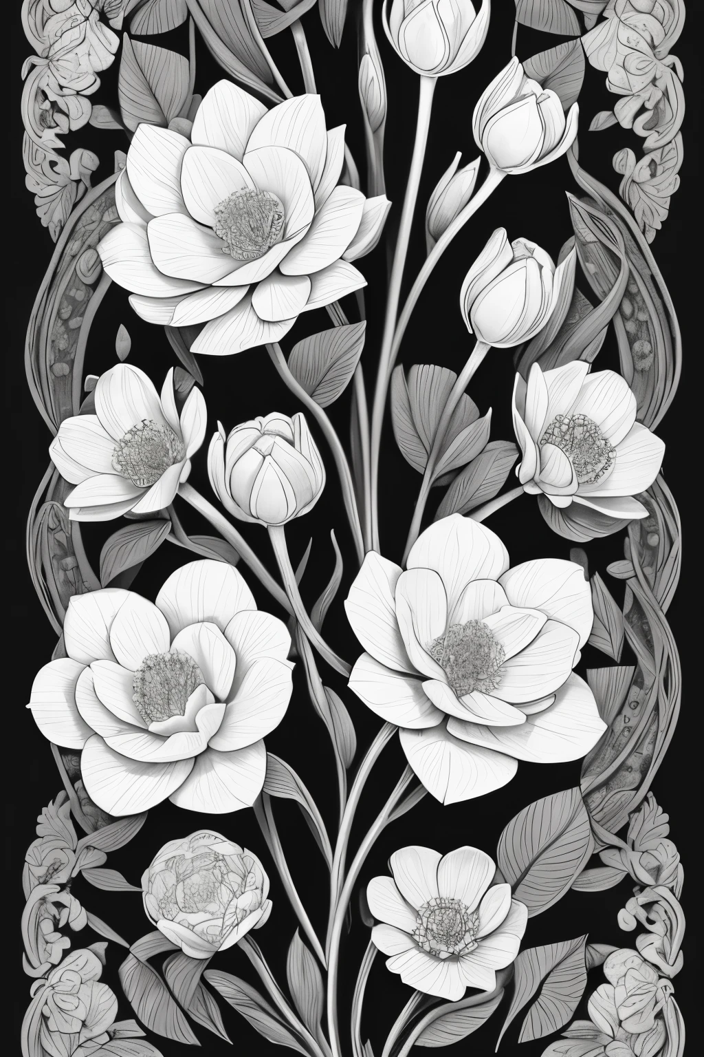 A stunning monochromatic drawing of intricately patterned flowers, their delicate petals and stems beautifully rendered in contrasting shades of black and white. The delicate details of the petals are expertly captured, each one a testament to the artist's skillful hand. The background is simple yet effective, providing a harmonious contrast to the intricacy of the flowers, creating an overall impression of elegance and refinement. --s2
Or:
A captivating black and white drawing showcasing the exquisite details of intricately patterned flowers. Each petal and stem is delicately rendered, adding depth and texture to the artwork. With a focus on tone and