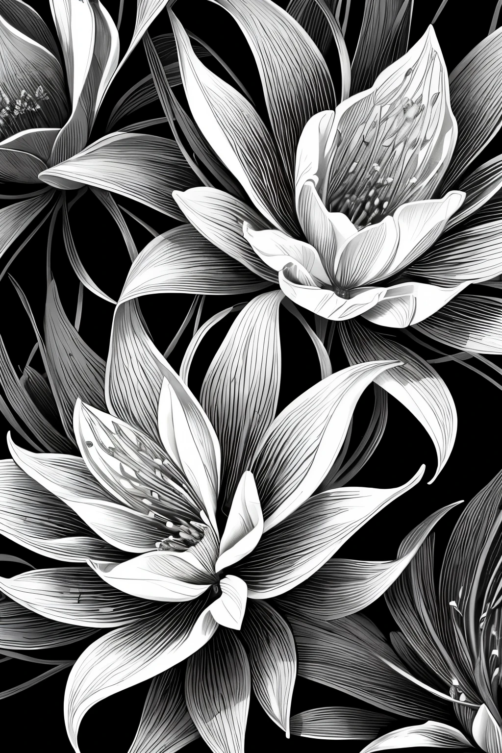A stunning monochromatic drawing of intricately patterned flowers, their delicate petals and stems beautifully rendered in contrasting shades of black and white. The delicate details of the petals are expertly captured, each one a testament to the artist's skillful hand. The background is simple yet effective, providing a harmonious contrast to the intricacy of the flowers, creating an overall impression of elegance and refinement. --s2
Or:
A captivating black and white drawing showcasing the exquisite details of intricately patterned flowers. Each petal and stem is delicately rendered, adding depth and texture to the artwork. With a focus on tone and