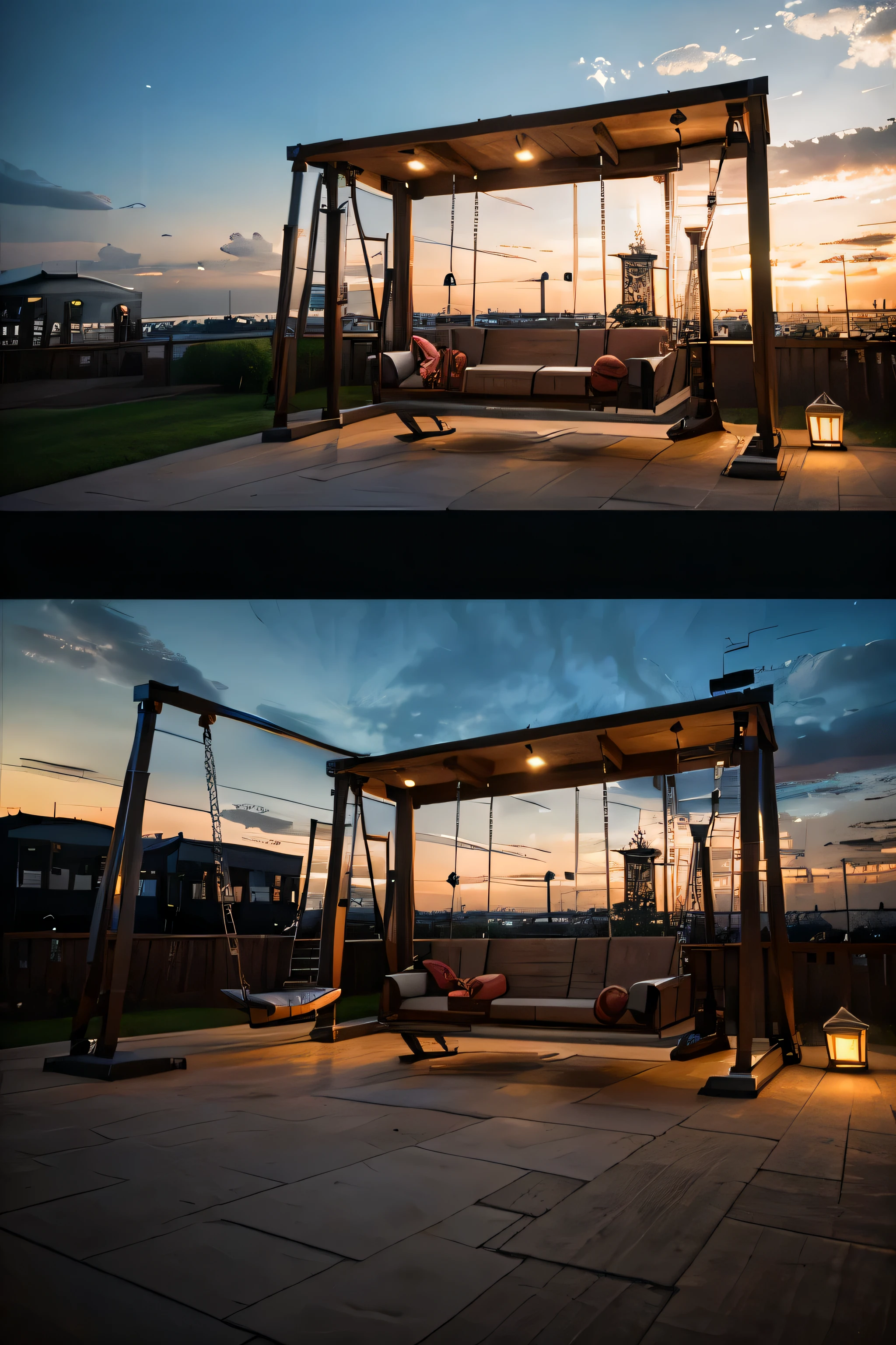 A Swing Set with a romantic ambiance in the style of Industrial with a view.