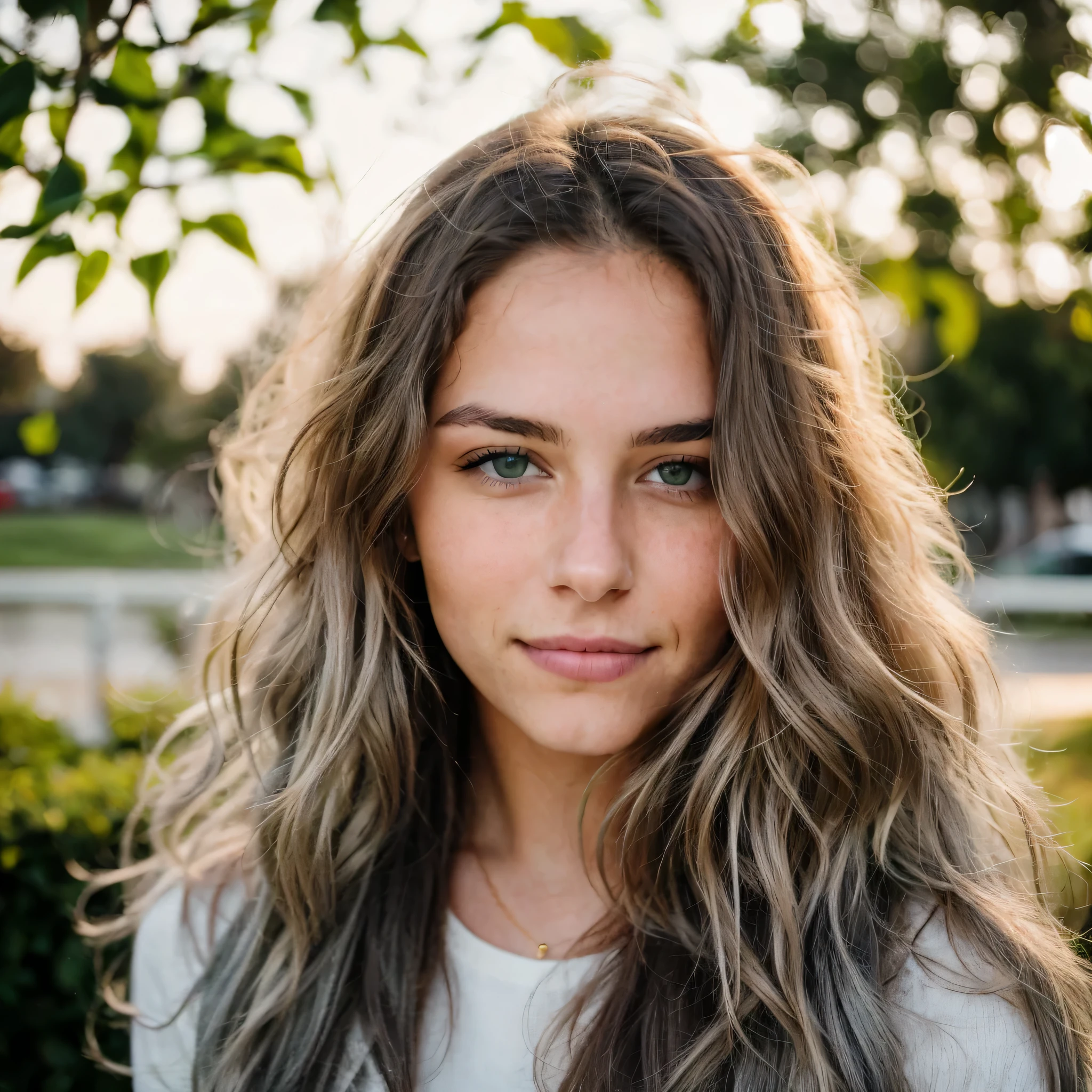 A photorealistic portrait of a 20-year-old woman with long, wavy hair, green/grey eyes, no piercing, smile, smaller forehead. She should have a natural, approachable expression and be illuminated by soft, golden-hour sunlight. Capture this image with a high-resolution photograph using an 85mm lens for a flattering perspective.