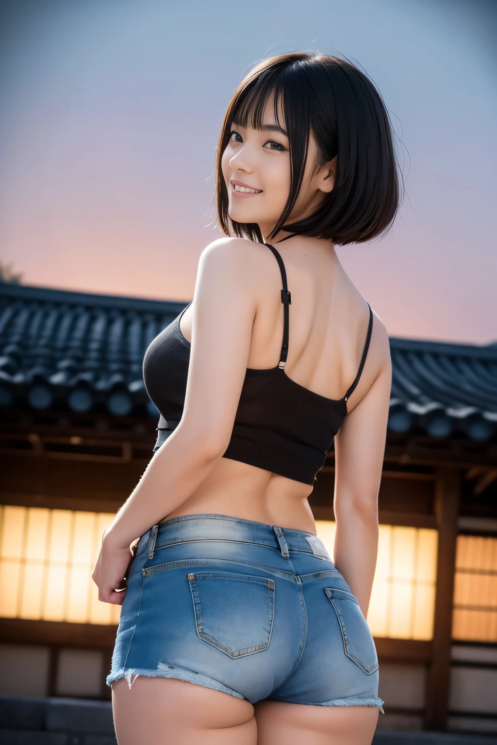 (Upscale variant Remove background generated data tips Upgrade 8K, Masterpiece, RAW photo, Best quality, Photorealistic, Extremely detailed Cg Unity 8K wallpaper, Depth of field, Cinematic light, Lens flare, Ray tracing), (Extremely beautiful face, Beautiful lips, Beautiful eyes), intricate detail face, ((ultra detailed skin)) 1girl, In the dark, deepshadow, Pretty Japanese girl, Japanese young woman,(Slim body with curves), big breasts, ((view the viewer)),(Big smile), (Outside of a temple, (Night, Night illumination), fireworks on the sky, (The background is blurred out), (No one is in the background), Pretty Japanese girl, Clear eyes, standing, leaning forward, from behind, low_angle_human, from below, underbutt shot, thick butt, big butt, (Pale skin), perfect hands, looking back, (Big eyes), ((Black thight top, Denim shorts)), thight shorts, butt hanging out of shorts, (Shape), (Pixie hair cut), (view the viewer),((smile))
