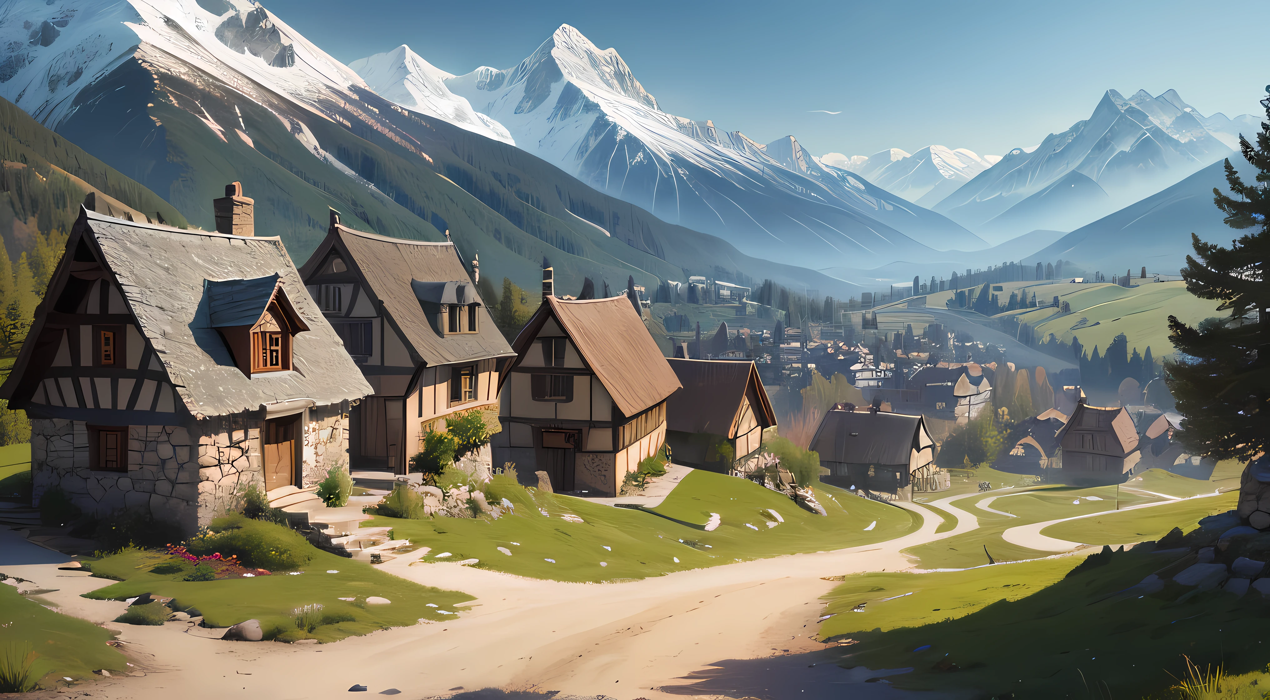 medieval fantasy village in the mountains,isolated,stone houses,early spring