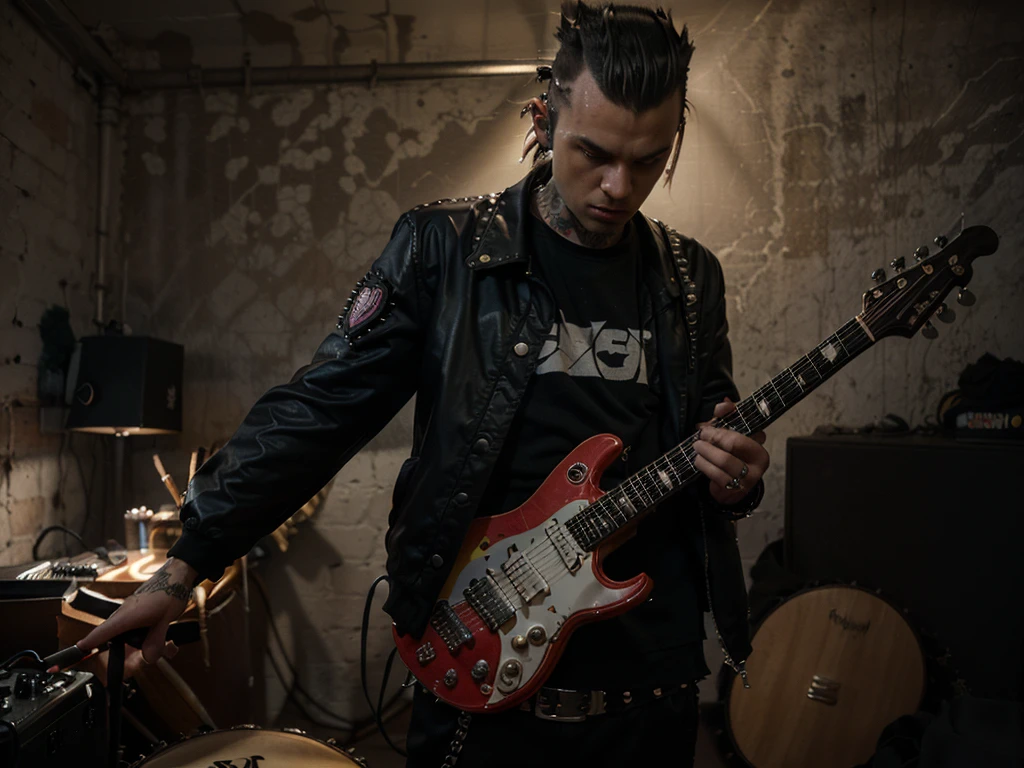 (obra maestra:1.2), Una foto fotorrealista de Mumm-Ra, Solo, hombre joven punk ((mohawk hair of various colors)),seguro de si mismo, pose dinamica con guitarra electrica (muy detallado:1.3) ( guitarra con texto Punk Rock) ,(tocando la guitarra, campera y pantalon de cuero varios colores, (con pinchos y tachas estilo punk:1.3)), tatuajes referentes al estilo punk, malicious, (muy detallado:1.3) 8k, fondo oscuro luces de escenario de colores, humo ((Epic lighting))