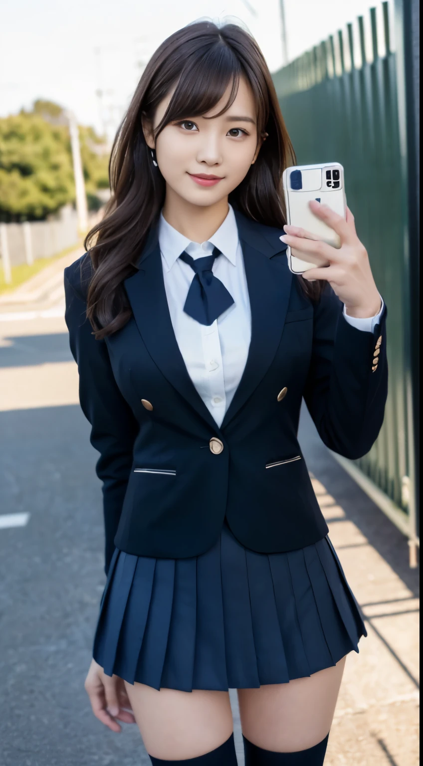 mix 4, (16K, Raw photo, best image quality, masterpiece: 1.45), (realistic, Photoreal: 1.37), one girl, Full body shot from toes to face, big bust, professional lighting, photon mapping, school classroom, Physically based rendering, dark brown hair,Beautiful, well-groomed eyes with bangs、((double eyelid))、super cute girl, (((school uniform、blazer、White long-sleeved shirt worn by Japanese high school girls、The first button of the shirt is open、navy pleated mini skirt、navy blue ankle length socks、black loafers))), highest quality photos, High resolution, (clear face), (Detailed facial description), (detailed description of hands), (masterpiece), (Detailed CG)、master work、Rich details、(detailed facial features)、(highest quality photos)、(Masseter muscle part)、look in front of you、thin clavicle、((slender and big))、((school gate、schoolyard、School building in the background))、(((Anyway it's cute)))、Ear Nipple Ring、big smile、(((Sports bags used by Japan schoolgirls)))、(Big breasts that hang down big:1.2)、big firm butt、Two arms and two legs、(((from the front:0.7)))、bare hands、(((symmetrical eyes)))、open your legs,White panties are visible、Taking a selfie with a black smartphone in his left hand,Your face is hidden by your smartphone