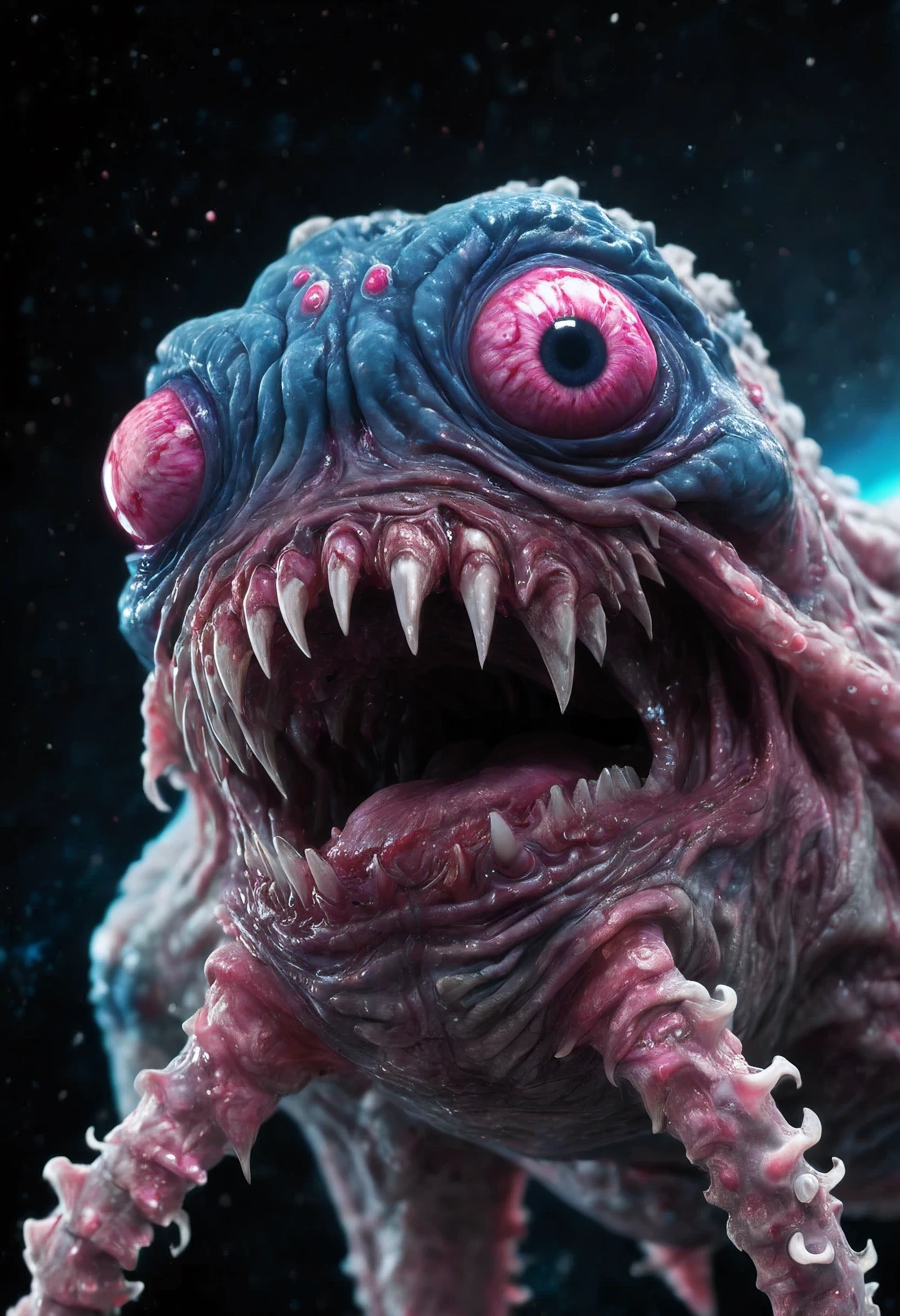 an unimaginably creepy creature in (space), consisting of cerulean-blue-flesh and terrible (pink-eyes), Huge mouth, (full-shot) Three-Quarter-Angle, subsurface scattering, film grain, high-budget, Tentacles, , Large DOF, volumetric lighting, highly detailed, realism, 3D, 4K, high quality highres high saturation, surreal, stars, space-background, (beak), fangs, claws