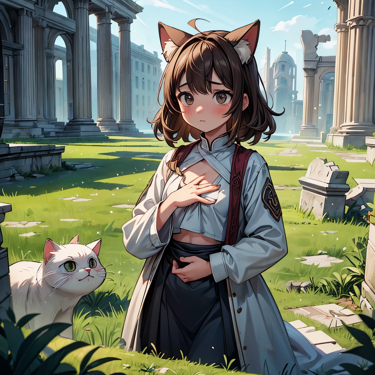 ((Masterpiece)), ((best quality)), (High Definition:1.3), (Professional Photography:1.2), best quality, 8K, Textured skin, cinematic lighting, 1girl, wide-shot, (Cute innocent age girl), slendar body, small breast, ((cover chest with hands)), very messy medium hair, ((Priest uniform like a pagan guru)), blush and sad, (exposed stomach), cat ears, pale brown hair, innocent posing, (the Decaying ancient ruins cityscape), Grass is thriving, (Beautiful and clear waterside),