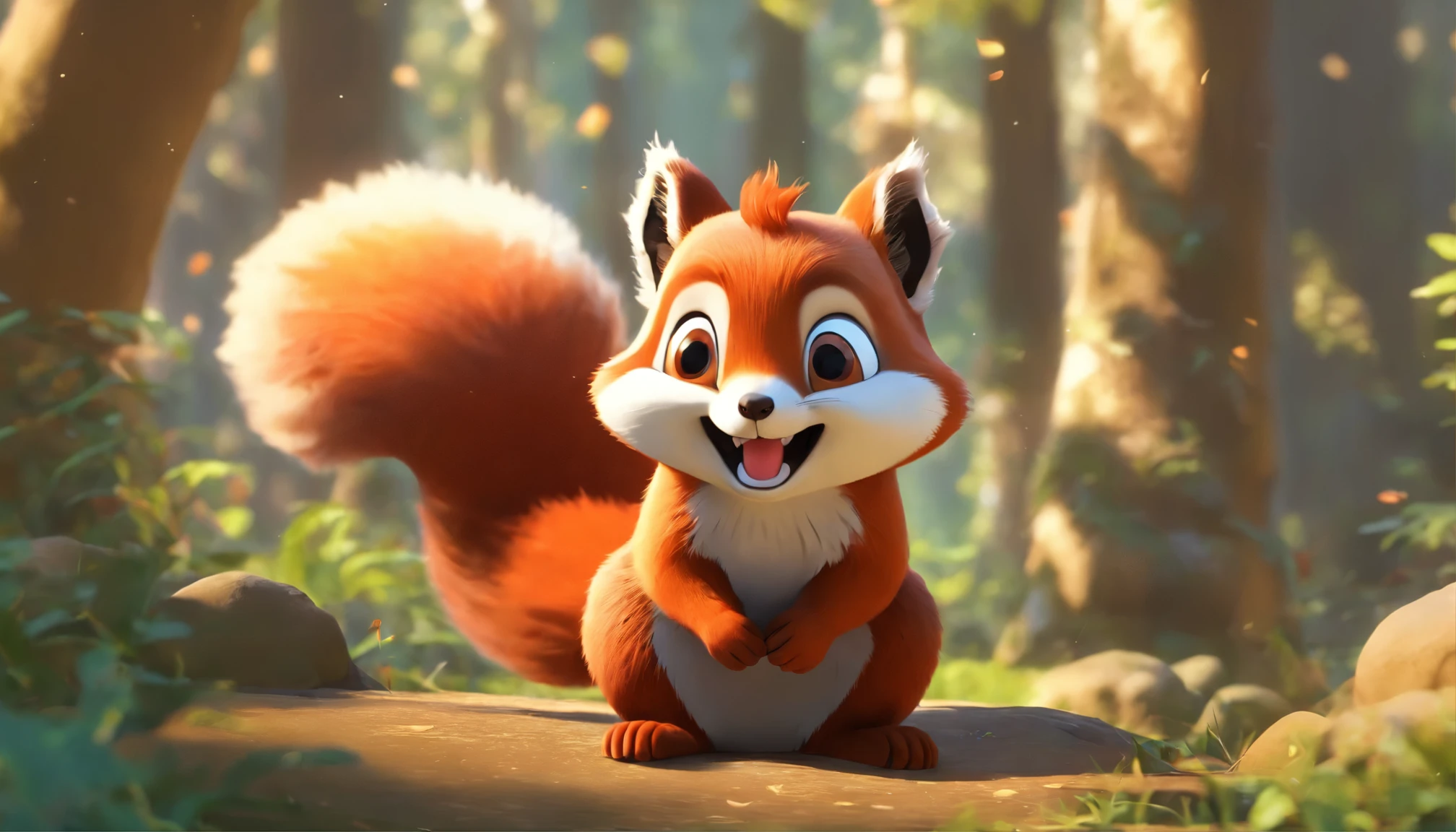 Create an image of Squirrel's surprised expression as overhears the animals arguing.cute forest creature, Red panda, Wilderness landscapes, author: Yu Zheding, Stylized 3 D, Cute fox, feng shu, Hidden animals, Cute detailed digital art, DreamWorks style, Stylized art, image size 1344*768