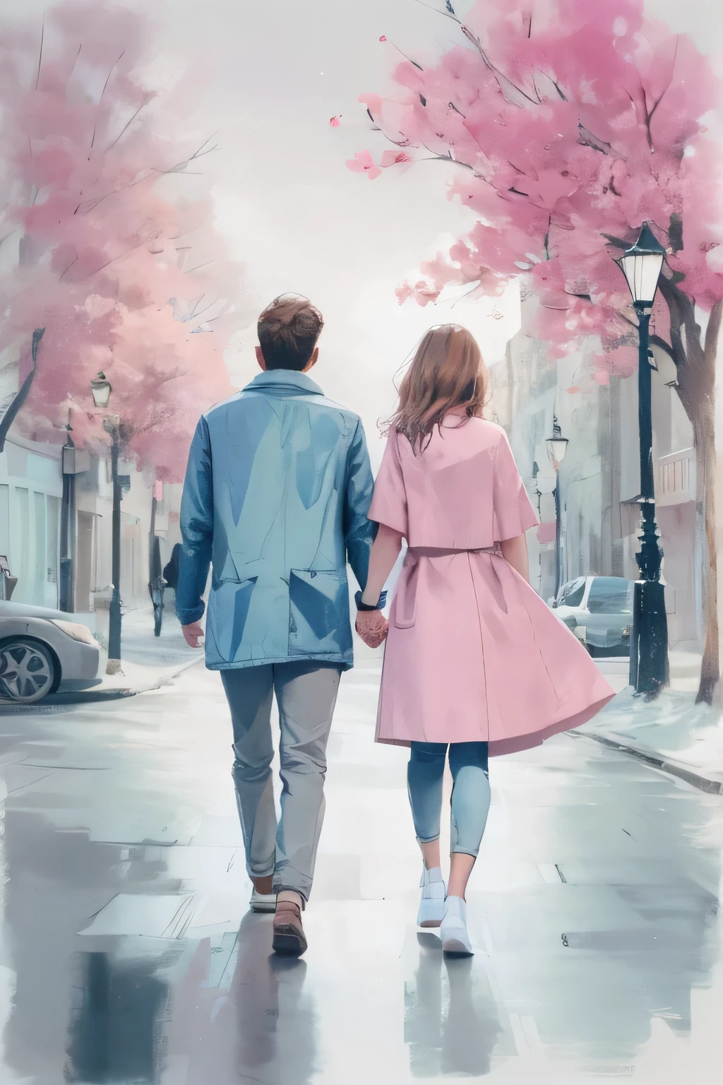 a couple walking down the street holding hands
