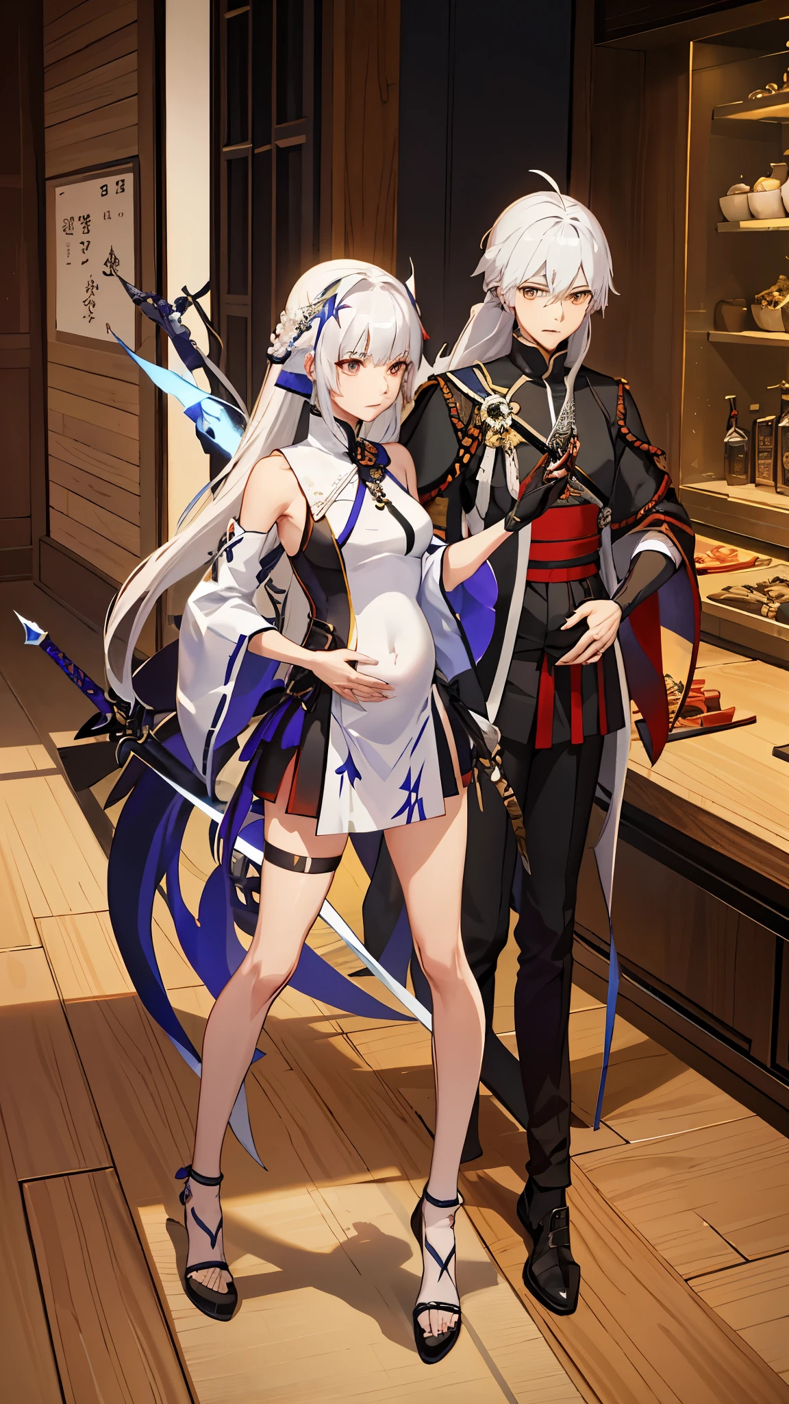 a woman in a dress holding a dagger and a dagger, video game character, from arknights, fox nobushi holding a dagger, hajime yatate, keqing from genshin impact, white haired deity, with small sword, ayaka genshin impact, female action anime girl, official character art, anime character, pregnant anime girl, fetus