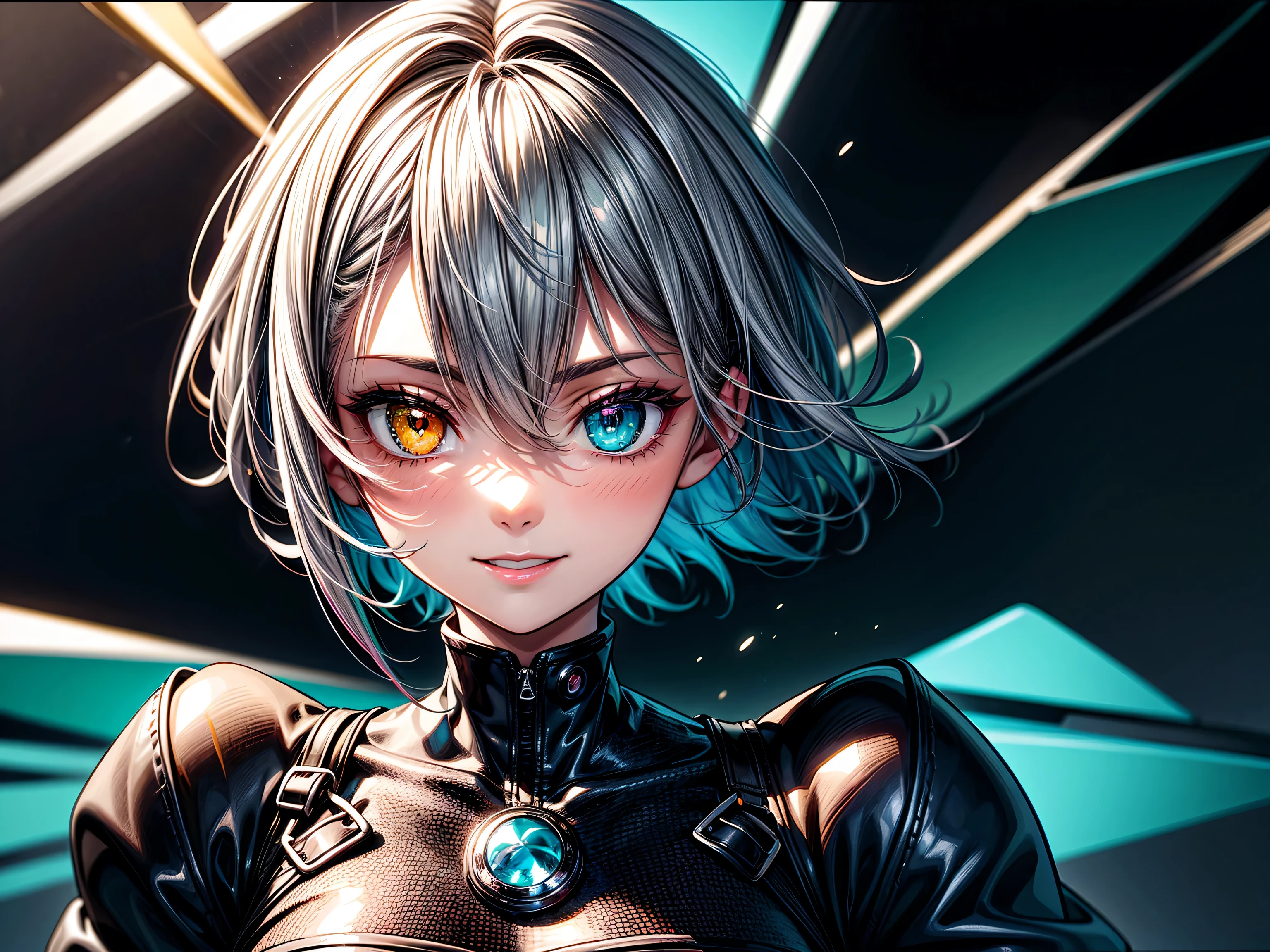 (((1 girl))), ((heterochromia, teal iris in left eye, green iris in right eye))), (((short silver hair, lime-green streaked hair))), happy smile, interacting with holographic computer interfaces, cyberpunk, masterpiece, anatomically correct, super detail, high details, high quality, award winning, best quality, highres, 8k