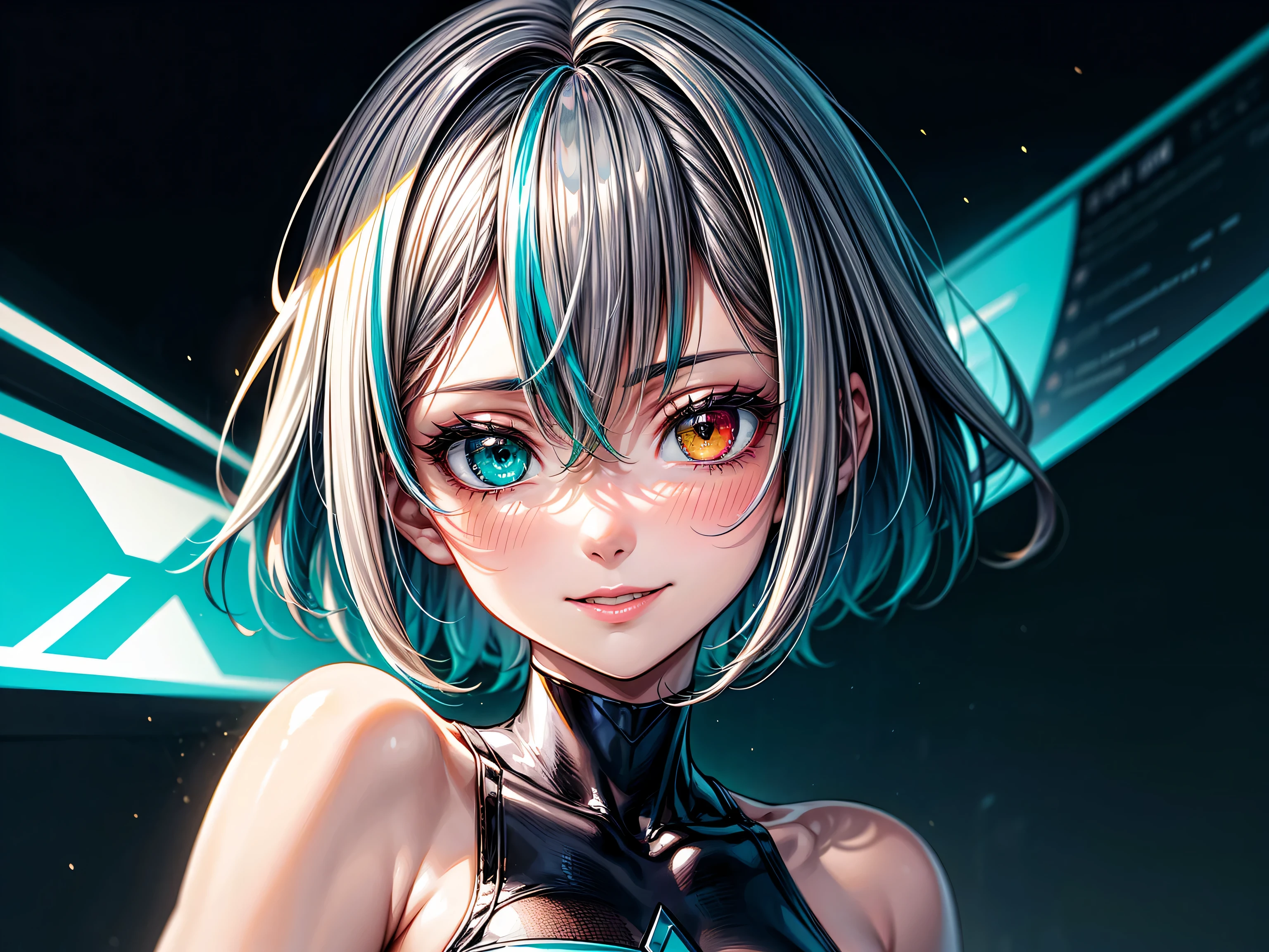 (((1 girl))), ((heterochromia, teal iris in left eye, green iris in right eye))), (((short silver hair, lime-green streaked hair))), happy smile, interacting with holographic computer interfaces, cyberpunk, masterpiece, anatomically correct, super detail, high details, high quality, award winning, best quality, highres, 8k