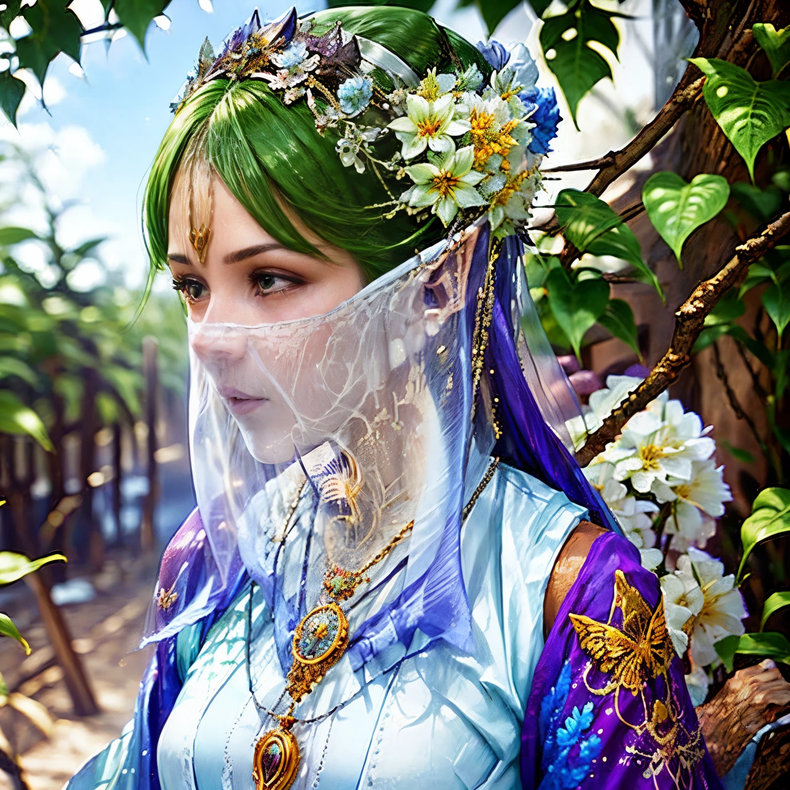 （（long ears）），Head close-up，Eyes are very delicate，Elf，Gorgeous green Hanfu，（（（hair accessories）））（（（veil））），necklace，（（（a garden with many flowers））， （（intricate details））， （（Surrealism））（8k）