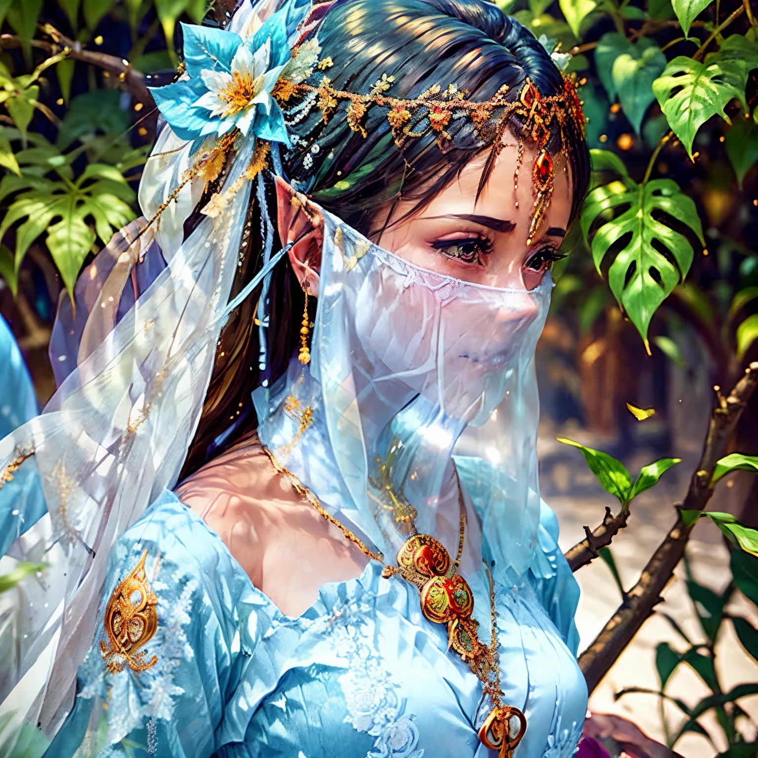 （（long ears）），Head close-up，Eyes are very delicate，Elf，Gorgeous green Hanfu，（（（hair accessories）））（（（veil））），necklace，（（（a garden with many flowers））， （（intricate details））， （（Surrealism））（8k）