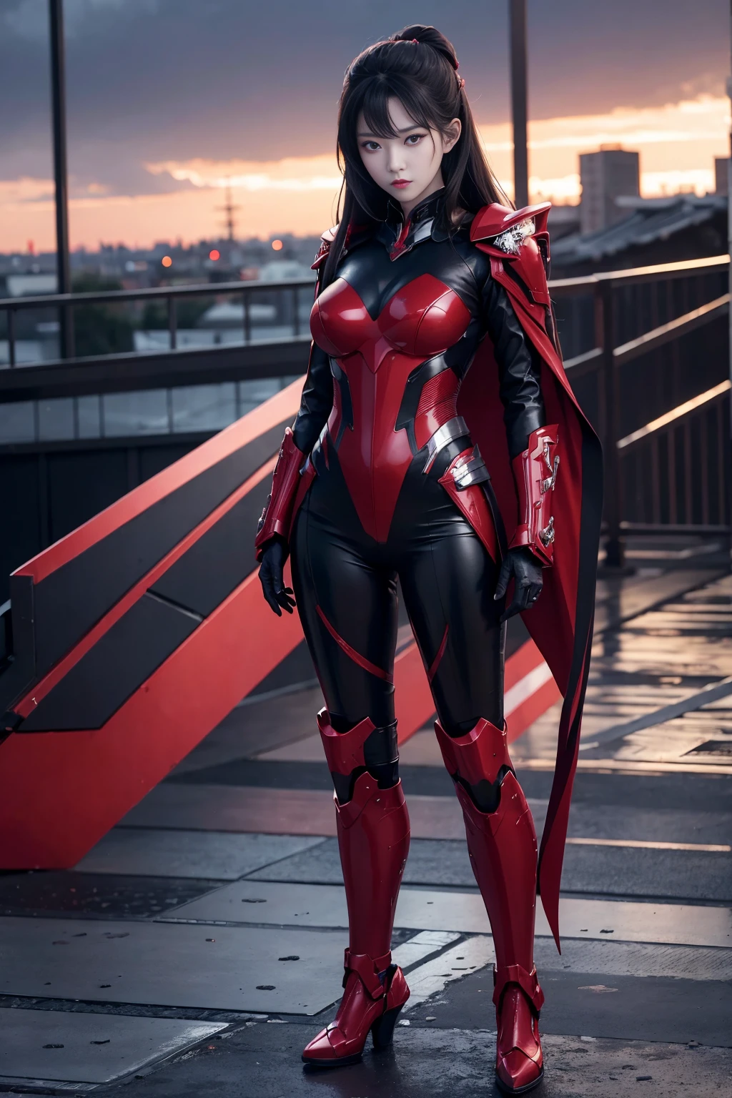 (((full body photo))) 1 japanese girl, War Frame, complex pattern, heavy metal, energy line, Faceless, Glowing eyes, Elegant, Formidable, Blood red and black uniform, Solo, Modern, city, A city scape, dark clouds, thunderstorm, Heavy rain,, Dramatic Lighting,, (masutepiece:1.2), Best Quality, High resolution,   Beautiful detailed, Extremely detailed, Perfect Lighting,