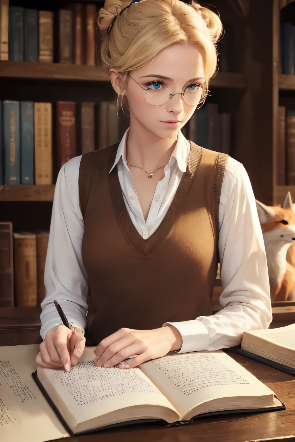 ((masterpiece)),((best quality)),((high detail)),((realistic)), young blonde woman wearing a brown vest and pants, late teens, flat chest, cute, blue eyes, full body, slim body, one short hair with a top bun, round Harry Potter glasses, reading a book, small pet fox in the background, no make-up, medieval wizard woman