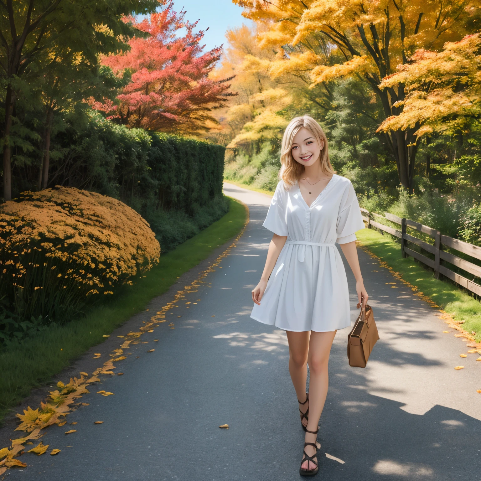 (masterpiece, highest quality, highest quality)Derivative illustration depicting casual daily life, young woman、Standing position、return、smile、whole body、blonde、sexy、cherry_flower, fall_flowerびら, alone,1 girl,looking at the viewer,walk、
