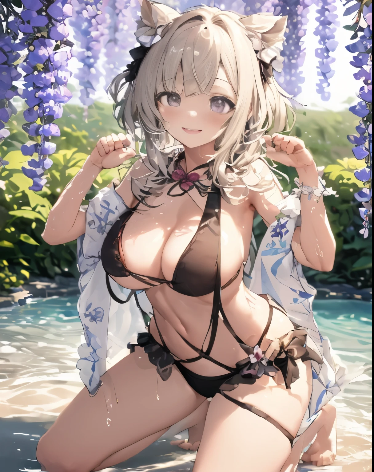 1 girl,Nanami Sato, flower园,faint smile,flower,outdoor,Wisteria, Rose, cowboy shooting, Heart-shaped facial markings, paw pose,Seductive pose,Cock your ass,cleavage,,sling,underwear,sling,bikini,A thousand flavors,topless,lace,kneeling,leg wide open,Wet