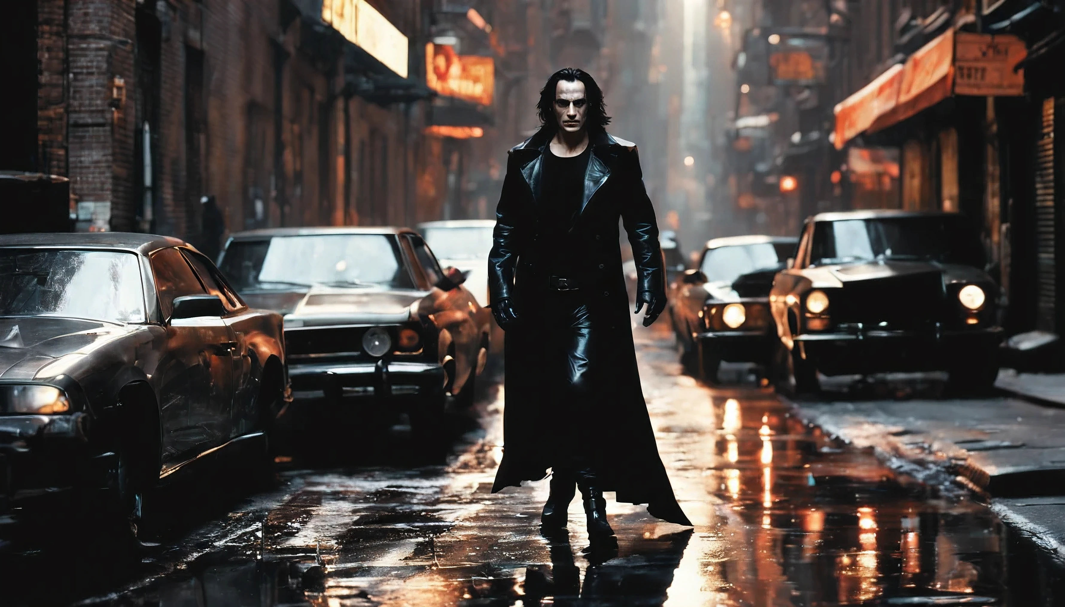 O Corvo 1994, estrelado por Brandon Lee, Walking in front of the camera, em tiro americano, full body view, totalmente composto, against a dark Fundo of a New York alley, uma luz noturna, um corvo negro voando por Brandon, nebuloso , lapso de tempo , 3D , cinematographic by greg rutkowski and artgerm and emile vernon , fantasia negra , Fundo , 8K algo que nem existe , Being mythical , energia , dynamic lighting , Art Station , cinematic lighting , Arte complexa , Blade runner with 4K resolution, sharp focus, by rutkowski repin Art Station trends in Art Station, sharp focus, altamente detalhado, design detalhado de personagens pintura de hiperrealismo arte conceitual pintura fosca, by pascal blanche rutkowski repin Art Station, 4k resolution by pascal blanche rutkowski repin Art Station hyperrealism painting concept art of detailed character design matte painting, 4k resolution