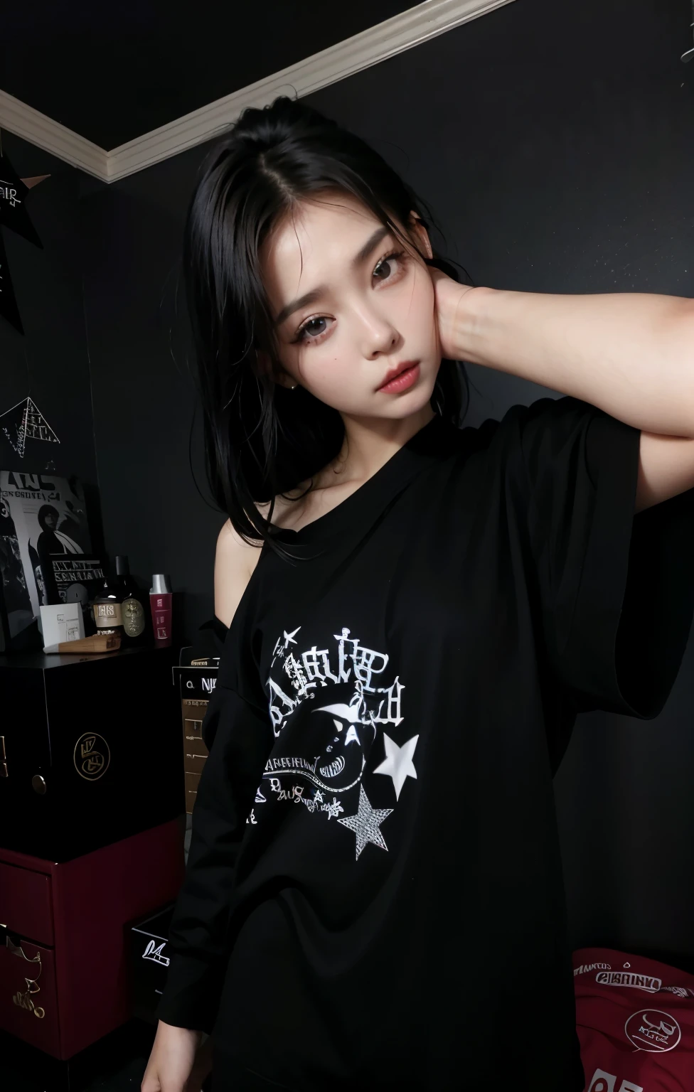 there is a woman that is posing for a pictEMre in a room, crEMel korean goth girl, tEMmblr, EMlzzang, roupas de bruxaria, Killstar, h. EM. d, tirada com canon eos 5 d, kda, com estrelas, tirada com canon 8 0 d, kanliEM666, yEMkky, estética de garota gótica