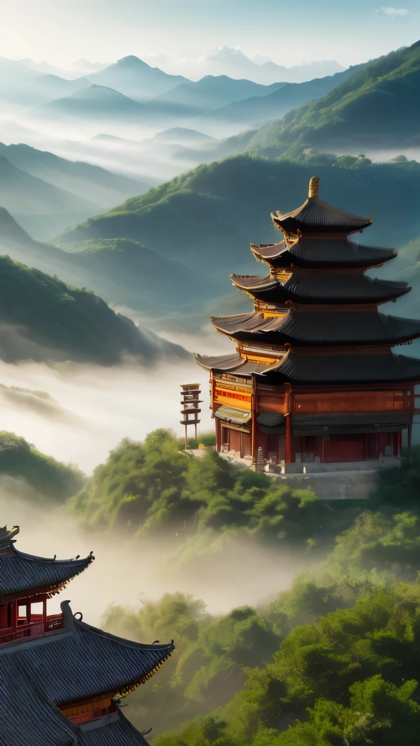 (High definition, high resolution, fantasy film, realistic, realistic comicbook style, fantasy film style), Ancient Chinese temple on a giant turtle, chinese houses on top of the turtle's shell, ((Day, sunrays)), ((Cloudy, between mist)), a valley at the background, ((close shot)), chinese ink