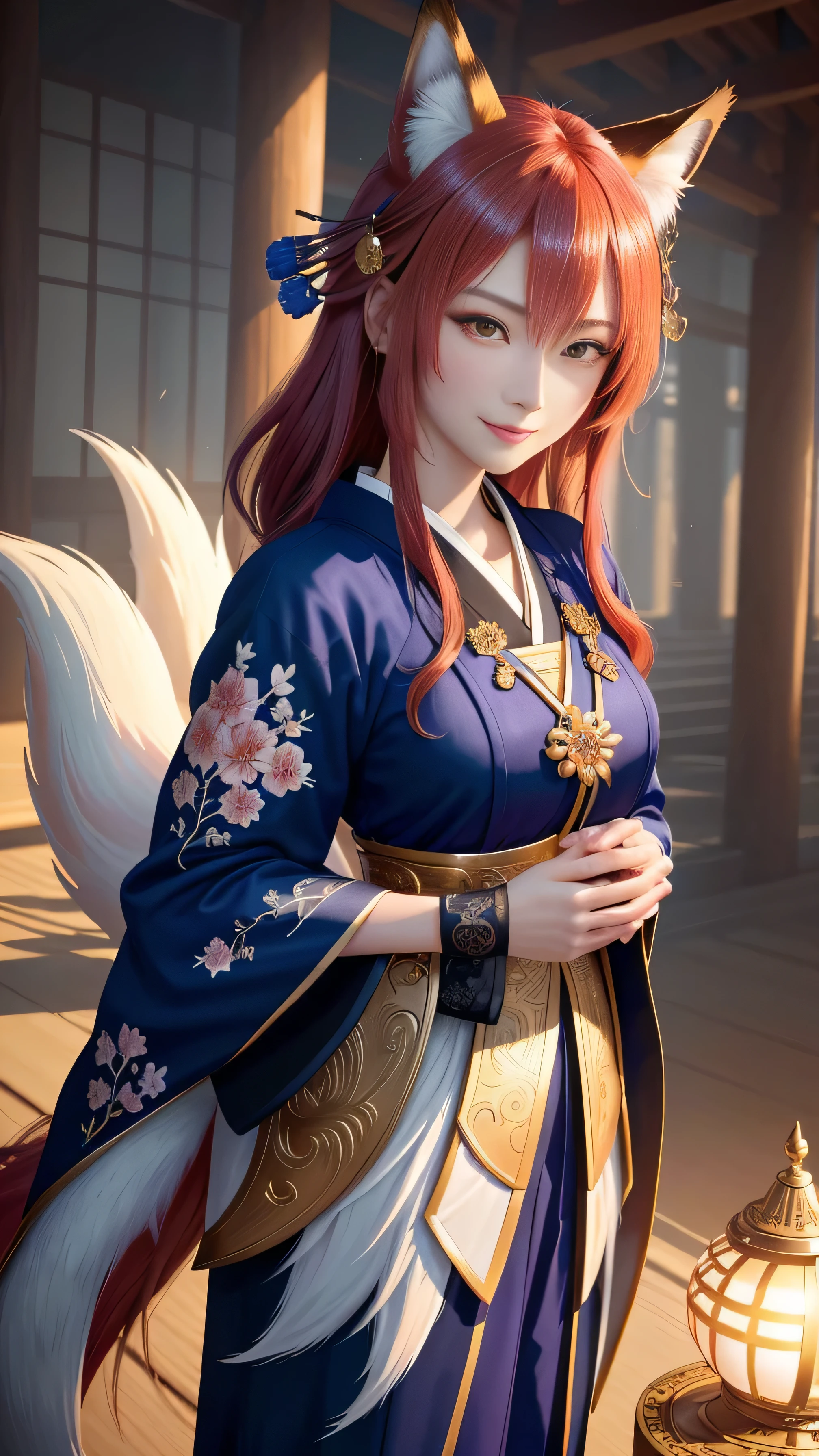 masterpiece , highest quality,close up of face,smile,colorful hair,Sharp contrast,whole body,Only one person,precision quality,beautiful short hair, masterpiece, japanese architectureの背景,beautiful details, colorful, delicate details, delicate lips, intricate details, genuine, ultrargenuineista, 枝に座っている色とりどりの髪のFoxを持つ女の子:mature, bright eyes, ,色とりどりのFox, Raposa the Nine Tails, 三尾Fox, 三尾Fox, Onmyoji detailed art, beautiful fine art illustration, mythical creatures, Fox, beautiful digital art,shrine maiden,japanese architecture,Holding hands,exquisite digital illustration, mizutsune, Inspired by mythical wild nest creatures, pixiv in digital art, dazzling light, high contrast, Mysterious,
