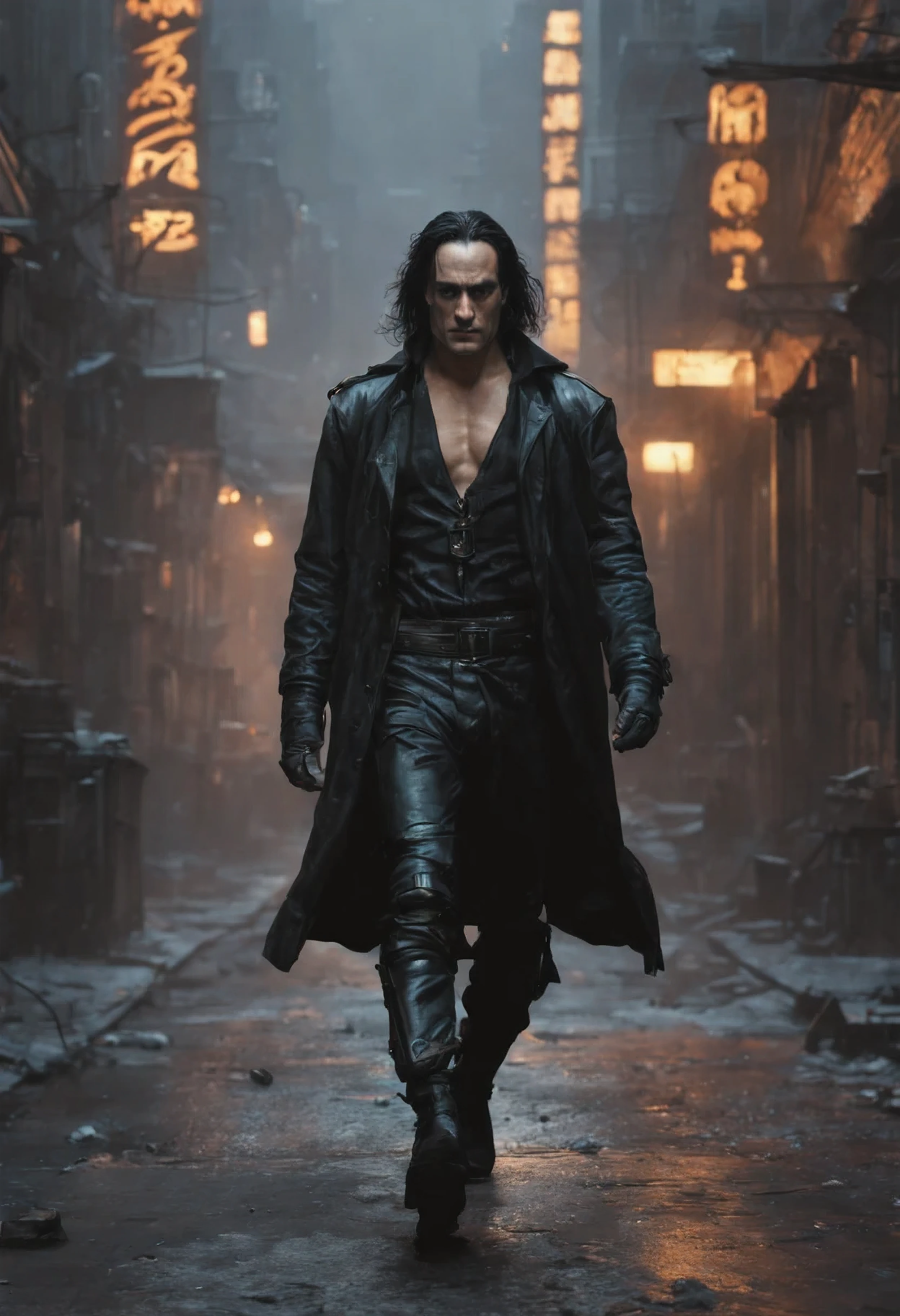 O Corvo 1994, estrelado por Brandon Lee, Walking in front of the camera, em tiro americano, full body view, totalmente composto, against a dark Fundo of a New York alley, uma luz noturna, um corvo negro voando por Brandon, nebuloso , lapso de tempo , 3D , cinematographic by greg rutkowski and artgerm and emile vernon , fantasia negra , Fundo , 8K algo que nem existe , Being mythical , energia , dynamic lighting , Art Station , cinematic lighting , Arte complexa , Blade runner with 4K resolution, sharp focus, by rutkowski repin Art Station trends in Art Station, sharp focus, altamente detalhado, design detalhado de personagens pintura de hiperrealismo arte conceitual pintura fosca, by pascal blanche rutkowski repin Art Station, 4k resolution by pascal blanche rutkowski repin Art Station hyperrealism painting concept art of detailed character design matte painting, 4k resolution