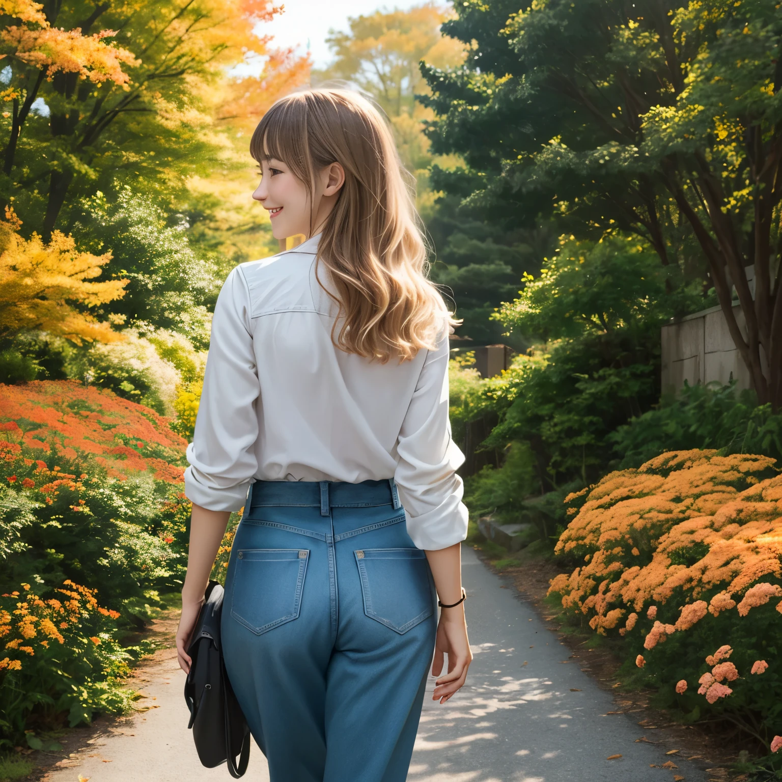(masterpiece, highest quality, highest quality)Derivative illustration depicting casual daily life, young woman、Standing position、return、smile、whole body、blonde、sexy、cherry_flower, fall_flowerびら, alone,1 girl,looking at the viewer,walk、look back、
