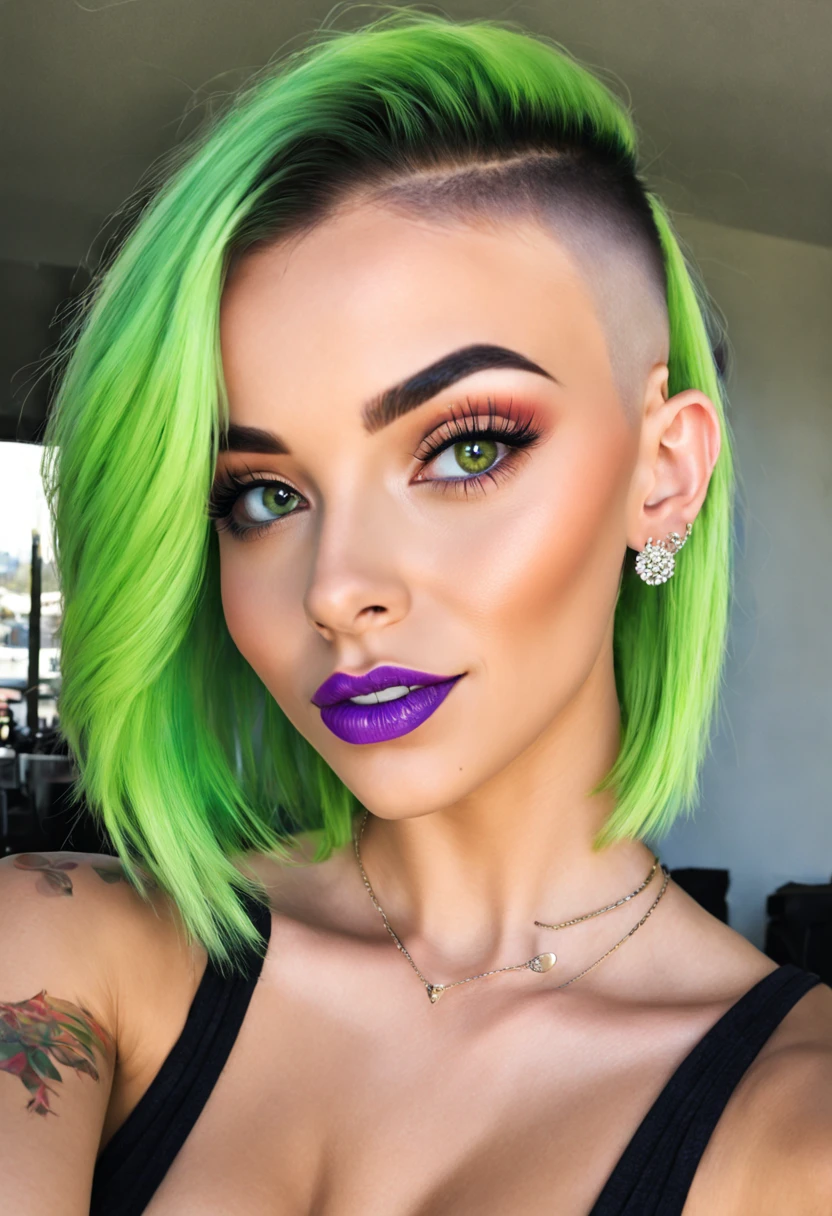 honey skin, upper body, waist up, selfie, colorful hair, purple and blue hair dye, side of head shaved, half of hair shaved, buzz cut, blonde hair, undercut, facial piercings, big bright green eyes, long lashes, 21 years old, light theme, full glossy lips,  lipstick, masterpiece, ultrarealistic, skin details, a slight smile smile, blushed cheeks, a light touch of freckles, instabrows, insta brows, instagram eyebrows, contouring makeup, pointy nose, straight side swept bangs, soft glam, bright light, pouty lips, diamond earings, many ear piercings, mewing, head tattoo, hairline tattoo, smiling, tongue showing, slightly sticking tongue out, black tattoo on scalp, ((perfecteyes)), #detailed, smooth skin, round face shape, not skinny