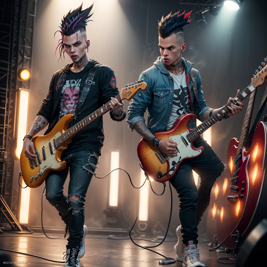 (masterpiece:1.2), A photorealistic photo of Mumm-Ra, Solo, full body of young punk man ((mohawk hair of various colors:1.2)), self-confident, dynamic pose with 1 electric guitar (very detailed:1.3) ( guitar with Punk Rock text) detailed:1.3) 8k, dark background colorful stage lights, smoke ((Epic lighting))
