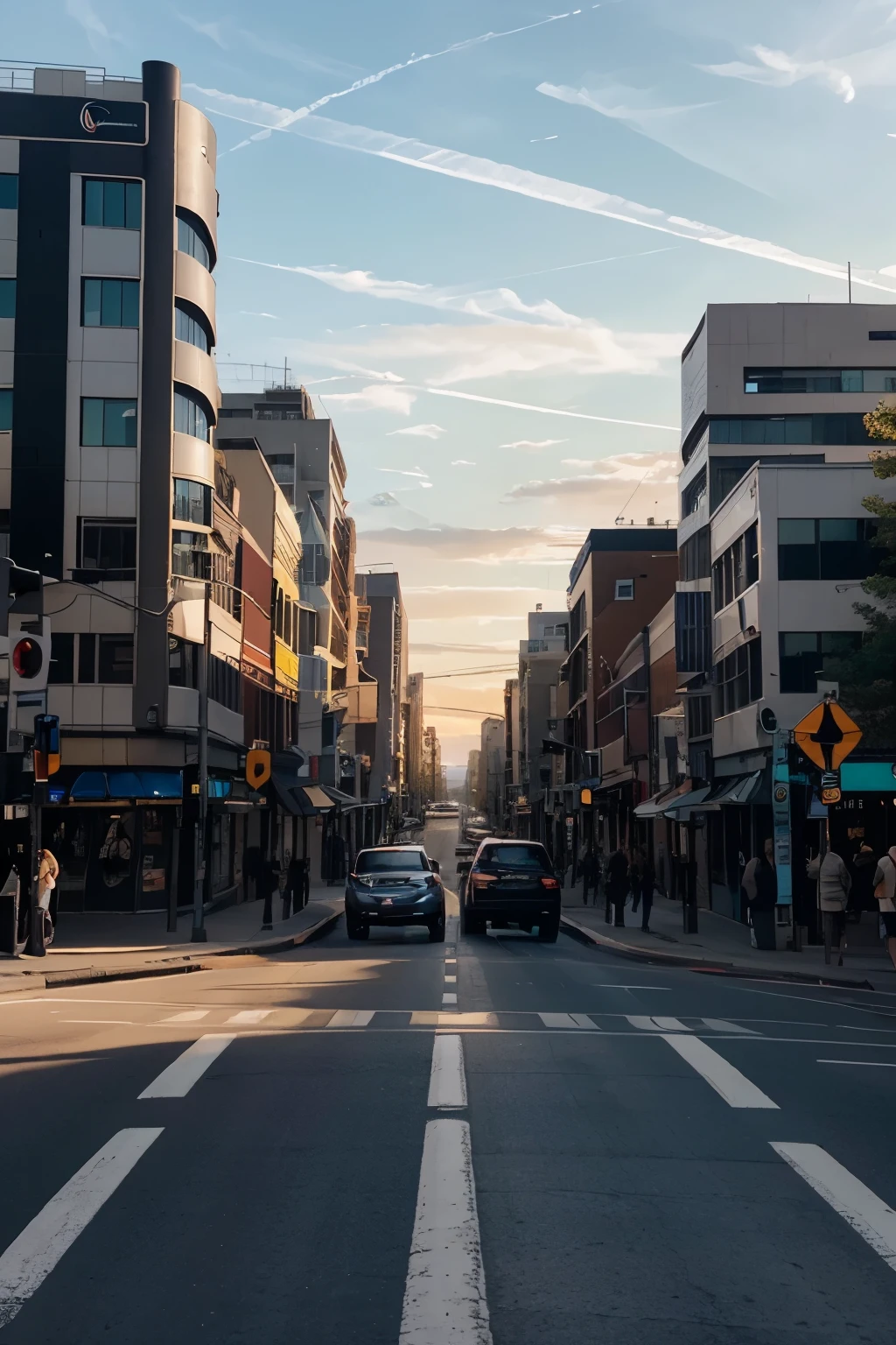 It's so futuristic.Wide Main street and wide road. Cars and trucks are running. Many people are walking on the sidewalk. Good sunlight.and little futuristic.it's evening.sunset.