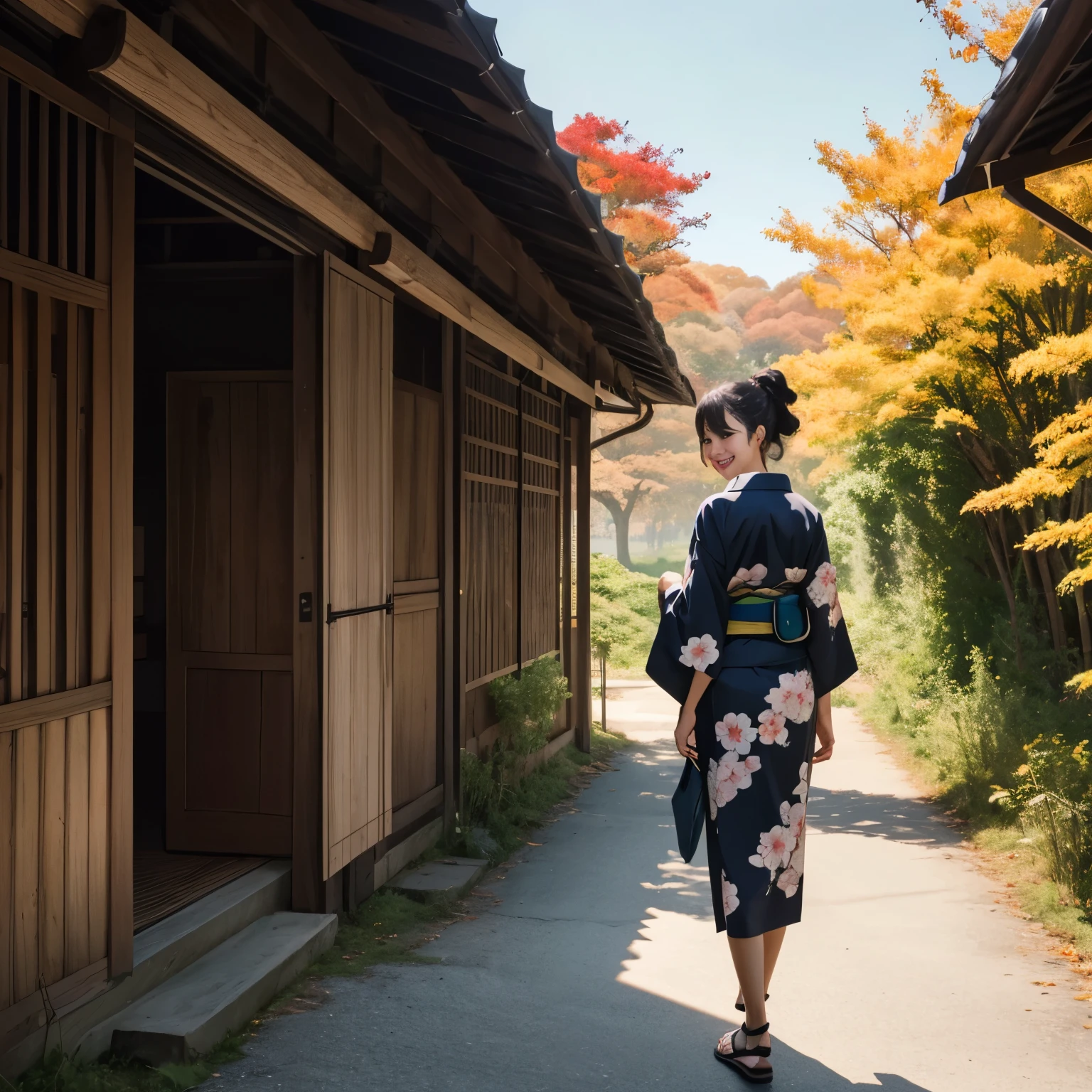 (masterpiece, highest quality, highest quality)Derivative illustration depicting casual daily life, young woman、Standing position、return、smile、whole body、blonde、sexy、cherry_flower, fall_flowerびら, alone,1 girl,looking at the viewer,walk、look back、kimono、