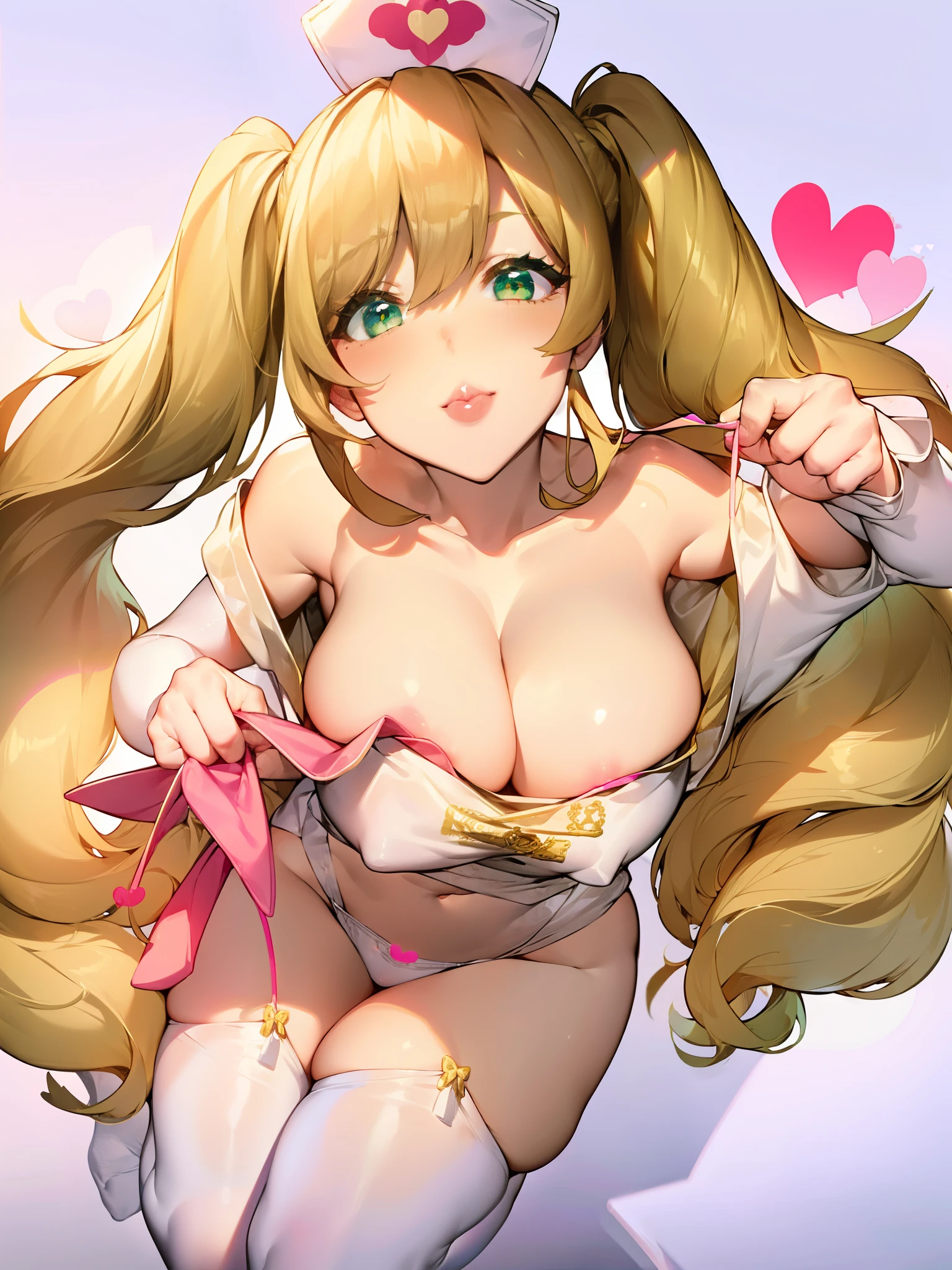 girl, medium large breasts, green eyes, long hair, twintails, sandy blonde hair, white thigh-highs, nurse, nurse outfit, white outfit, from above, hearts, pink atmosphere, juicy lips, curvey,, smile