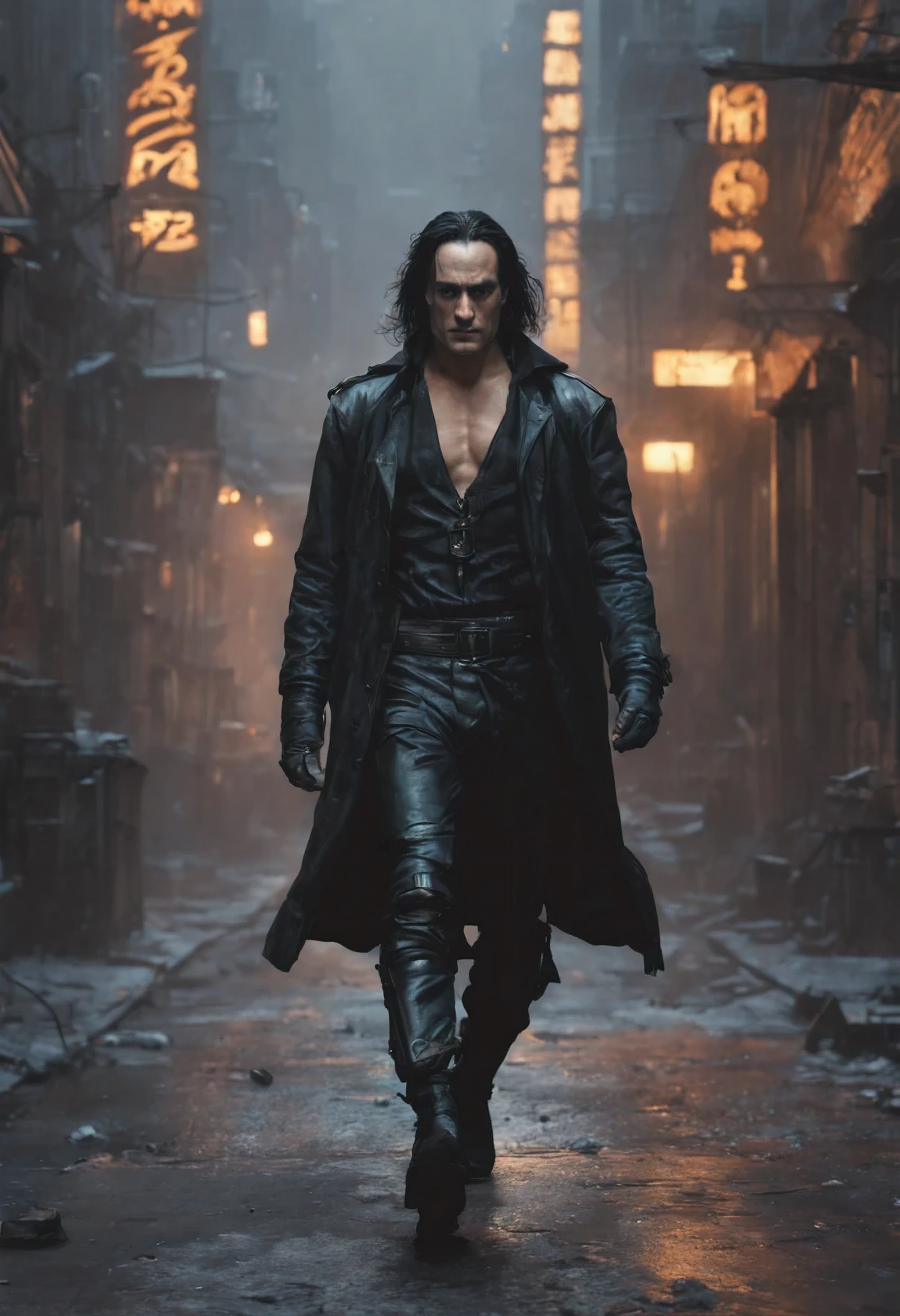 O Corvo 1994, estrelado por Brandon Lee, Walking in front of the camera, em tiro americano, full body view, totalmente composto, contra um fundo escuro de um beco de Nova York, uma luz noturna, um corvo negro voando por Brandon, nebuloso , lapso de tempo , 3D , cinematographic by greg rutkowski and artgerm and emile vernon , fantasia negra , Fundo , 8K algo que nem existe , Being mythical , energia , dynamic lighting , Art Station , cinematic lighting , arte complexa , Blade runner with 4K resolution, sharp focus, by rutkowski repin Art Station trends in Art Station, sharp focus, altamente detalhado, design detalhado de personagens pintura de hiperrealismo arte conceitual pintura fosca, by pascal blanche rutkowski repin Art Station, 4k resolution by pascal blanche rutkowski repin Art Station hyperrealism painting concept art of detailed character design matte painting, 4k resolution