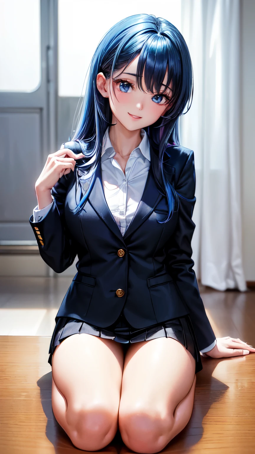 (full body view), anime, Estilo Anime Mulher Realista, (Blue-eyed Hungarian), de 18 anos, ((blazer cinza, Amor, Minissaia dobrada azul escuro, Meias)), University Classroom, Belo detalhe nos olhos, (tamanho dos olhos: 3/4) luz no rosto, (((detalhes intrincados))), ((Foto de corpo inteiro: 1.2)), Luz especialmente forte, (Olhos superiores, Sorriso sorridente: 1.2), pele brilhante, (((random hair color))), (coxas grossas), ulzzang-6500-v1.1: 0.2, Shy, (flash: 1.2), NSFW , (Inchado), ((postura sedutora: 1.2, atraente: 1.2)), (inativo), sentado em uma mesa: 1.2, ((boa anatomia: 1.2)), Sala de aula luminosa e refrescante, beautiful and symmetrical face, natural side lighting, 8k, Fotos RAW, Qualidade superior, Obras-primas, RAW color photos high definition professional close-up photos, (realista, fotorrealismo: 1.37), (mais alta qualidade), (sombras claras de alto contraste), (better illustrations), (erotic, sexy, ultra-high resolution, 8K HD Unified CG Wallpapers, Physical representation, film lighting), ((Canon EOS R50 camera with 50mm lens))