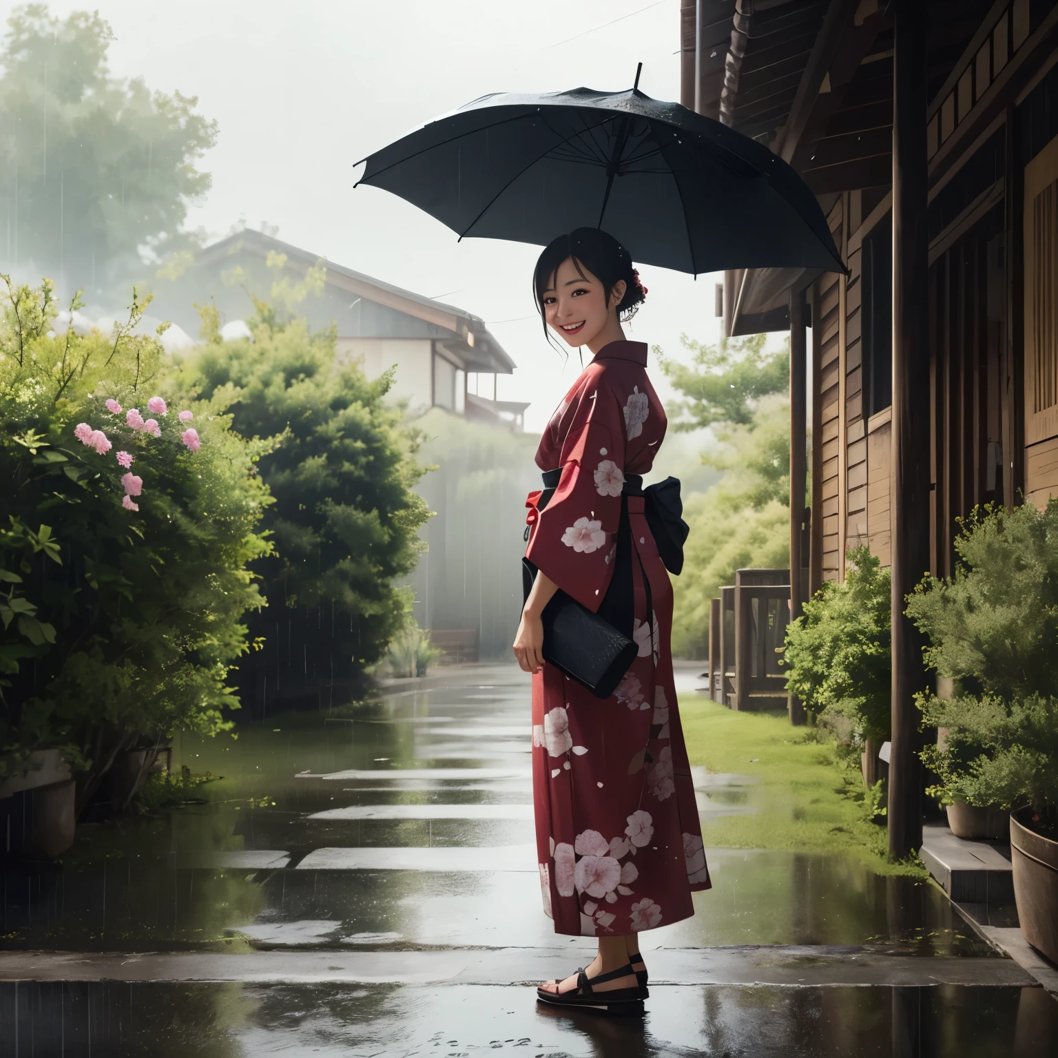 (masterpiece, highest quality, highest quality)Derivative illustration depicting casual daily life, young woman、Standing position、return、smile、whole body、blonde、sexy、cherry_flower, rain、alone,1 girl,looking at the viewer,walk、look back、kimono、