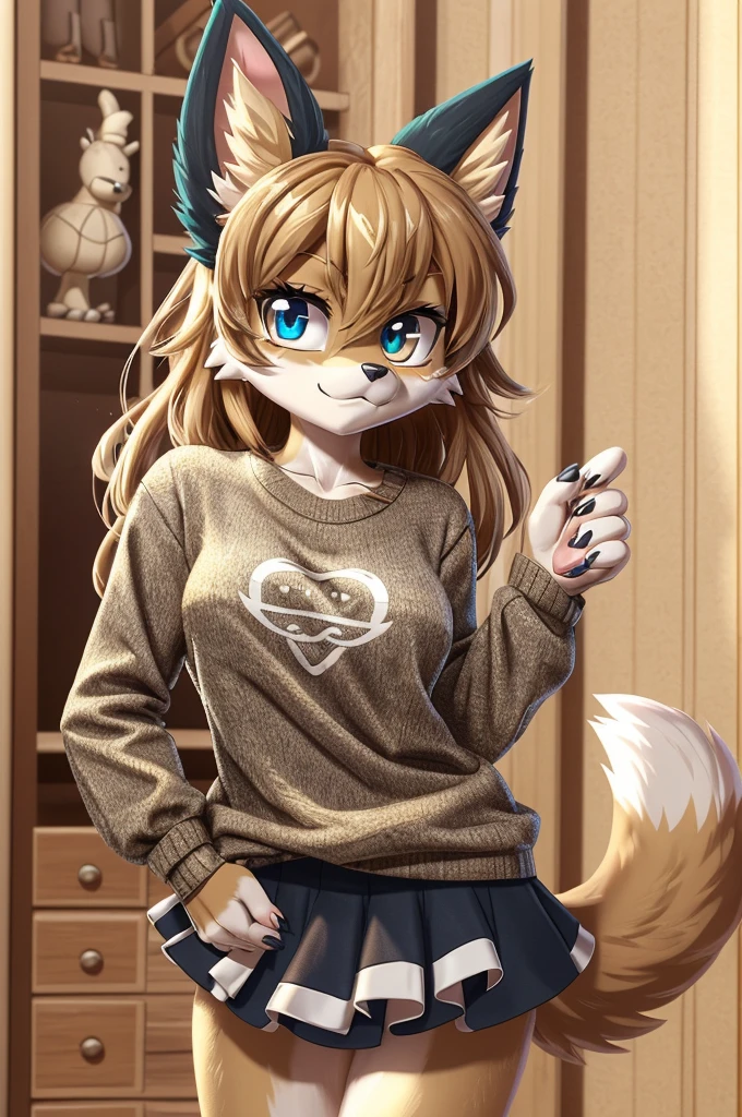 A tail grows on the coccygeal bone：1.4、heterochromia iris:1.2、bright eyes：0.1、highly detailed eyes:0.4、highly detailed eyes:0.4、Highly detailed five-fingered:0.8、highly detailed hands:0.8、Highly detailed arms:0.8、非常にbeautifulイラスト:0.2、masterpiece:0.8、High quality、high resolution:0.8、anime illustration、unreal engine、super resolution:0.4、16K:0.6、(01 animals only、Alone、１female:1.8)、(hairy:1.2)、(beastman:1.2)、(furry:1.6)、(暗く青いfurry:1.8)とてもかっこよくbeautiful大人の狐、beautiful fox、beautiful、super cute face、small face、Moderate body shape、ふわふわでbeautiful尻尾、Casual and cute large cardigan、Casual T-shirt、Casual and cute peplum long skirt、Casual and cute room：1.2