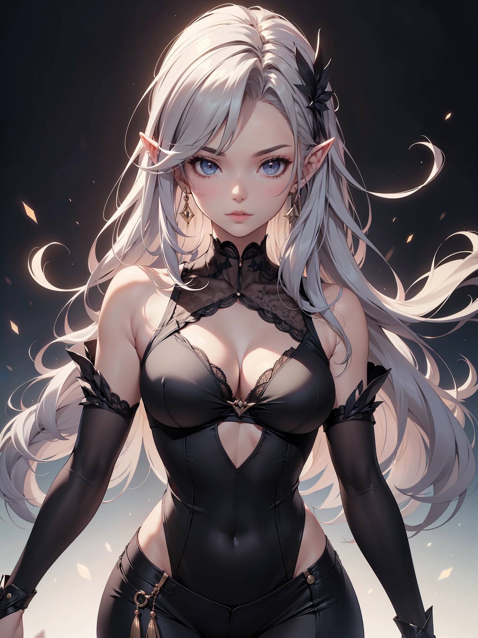 White elf girl, very long flowing hair, white eye color, small eyes, realistic human eye shape, round eye shape, eyeliner, realistic face shape. black lace low cut lace shirt, portrait, wearing a black hood, black background, chest showing, NSFW, Depth of Field. looking at camera, dreamy look detailed eyes, detailed face, detailed skin, Ultra Detailed, Beautiful and Aesthetic, Masterpiece, Best Quality, shoulders showing. lace fabric, round chin shape. wearing black hood over hair. showing full upper body and face. wearing a black hood. hips showing, flairs in background, zoomed out. full body showing. hips exposed.