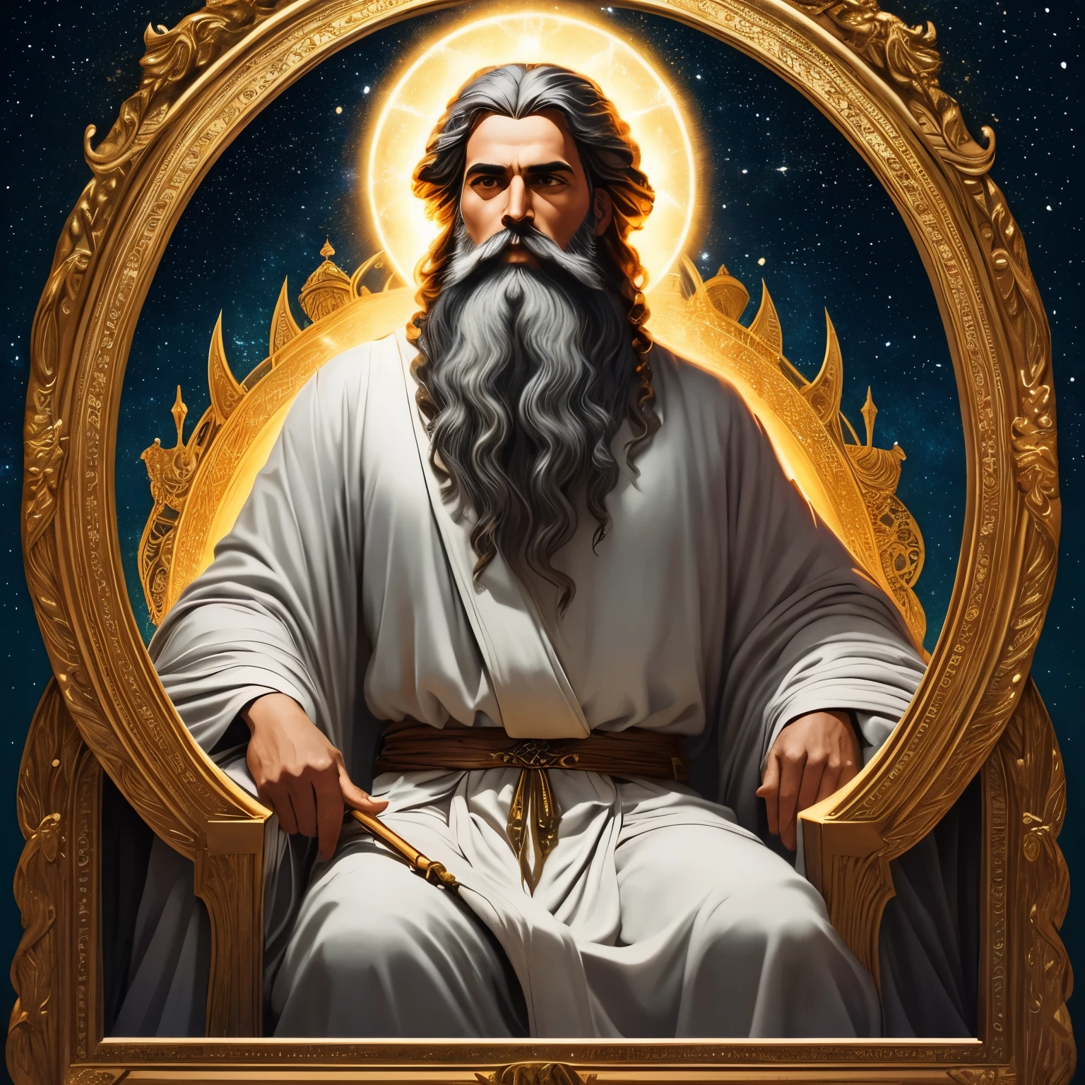 A philosophical and mystical figure, the ancient prophet Zarathustra, depicted in a thoughtful pose, with long curly gray beard and distinguished brow, framed by a flowing white robe, beneath a starry night sky. His deep, soulful eyes exude wisdom and knowledge, filled with golden sparks reflecting the wisdom of the cosmos. Majestic and elevated, this masterpiece is rendered in high contrast, hyperrealistic style, with rich vibrant colors and sharp focus, evoking a sense of awe and reverence. 8k, digital art, concept art, illustration, surrealism, photorealistic, hyperrealistic, vectorized, outline, isometric