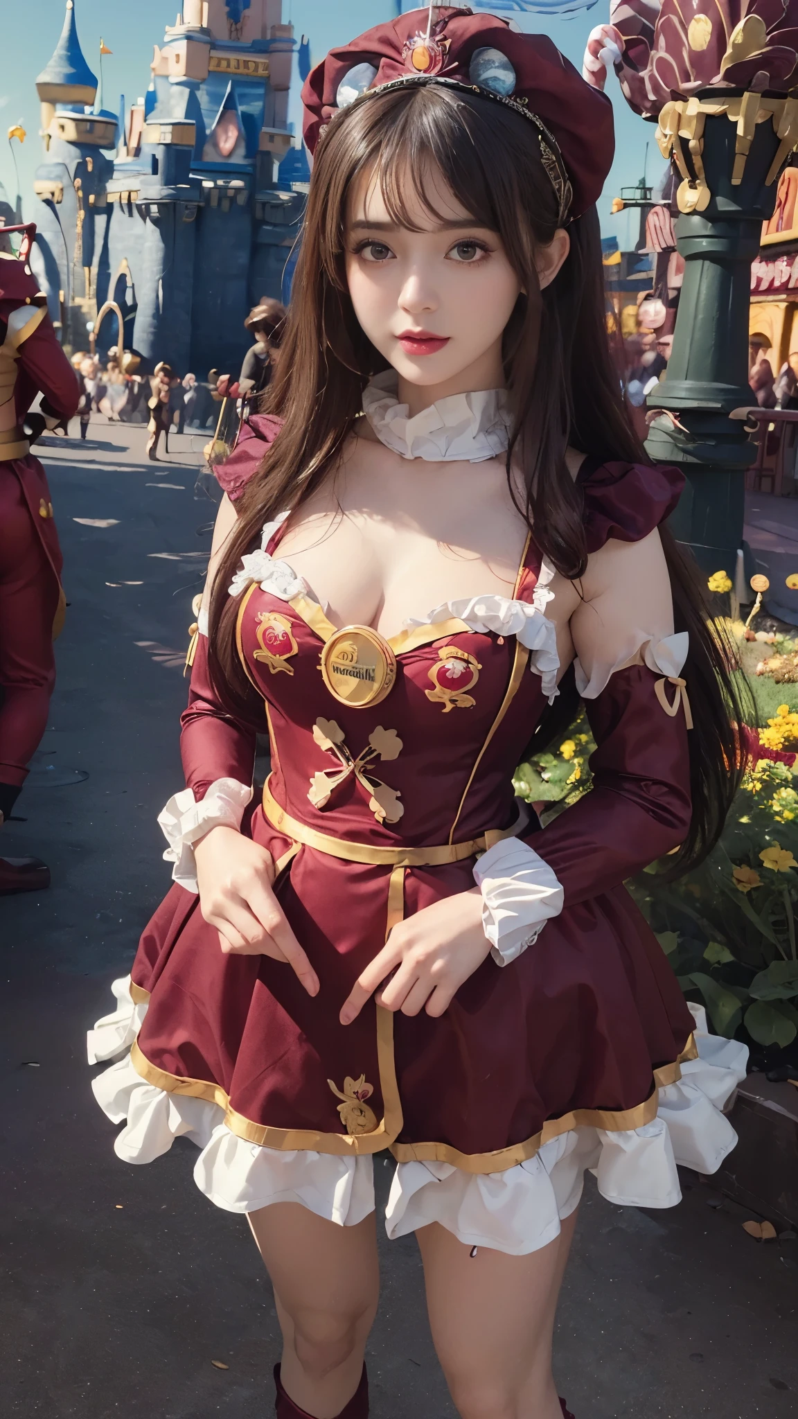 8k, (ultra hd:1.2), (masterpiece:1.5), 1 girl, cute face, very long hair,  detailed eyes, small bust, baby doll costume, (maroon costume:1.4), (retro filters:1.4), (fantasy:1.4), (candy world Disney land:1.5), ethereal soft fluffy soft landscape background, hyper realistic Ultra quality cinematic lighting, immense detail, Full hd, perfect body, 
