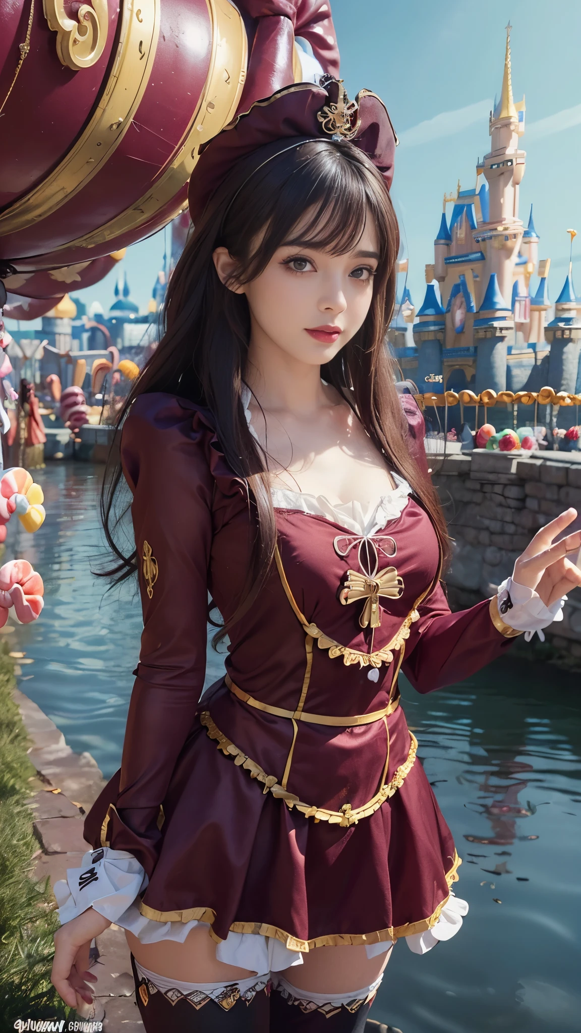 8k, (ultra hd:1.2), (masterpiece:1.5), 1 girl, cute face, very long hair,  detailed eyes, small bust, baby doll costume, (maroon costume:1.4), (retro filters:1.4), (fantasy:1.4), (candy world Disney land:1.5), ethereal soft fluffy soft landscape background, hyper realistic Ultra quality cinematic lighting, immense detail, Full hd, perfect body, 