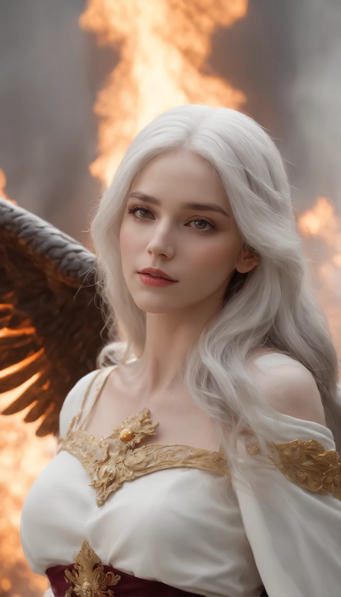 (best quality,4k,8k,highres,masterpiece:1.2),ultra-detailed,(realistic,photorealistic,photo-realistic:1.37) Ultra detail, ultra realistic, Maximum detail, An archangel girl with large singed wings walks among the destroyed ancient buildings blazing with fire., holding a flaming fire sword in his hand, lighting is dim, flame heat effect, the sky is overcast with gloomy clouds, fiery ash falls from the sky, white hair, Realism, cinematic lighting, atmospheric perspective, Canon, UHD, masterpiece, ccurate, anatomically correct, textured skin, super detail, high details, high quality, best quality, highres