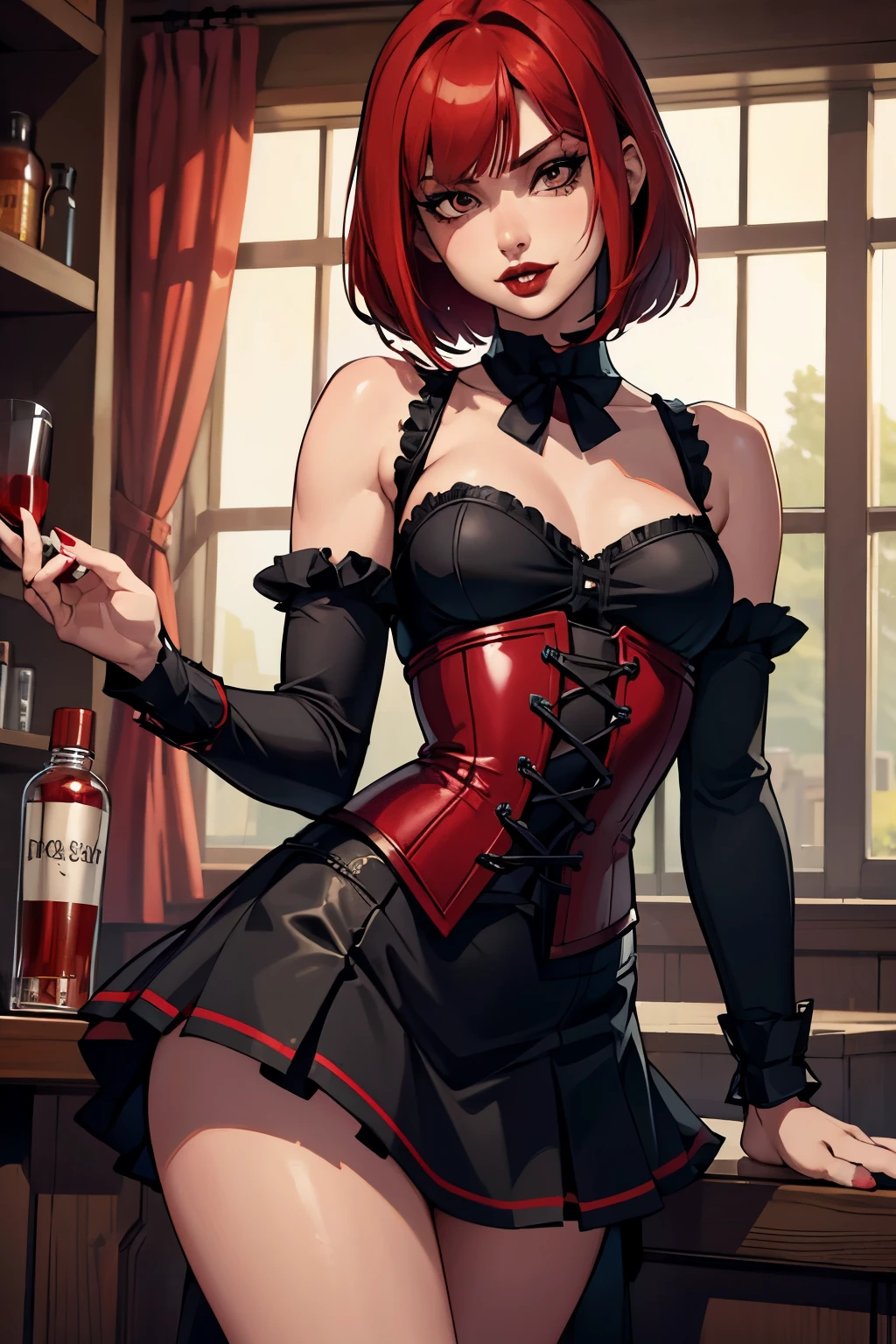 high detailed, 8k, highres, 1girl, solo, fantasy, barmaid, red hair, scarlet hair, bob cut, ((dark red lips)), black eyes, evil, mean, sadistic, small breasts, skirt, corset