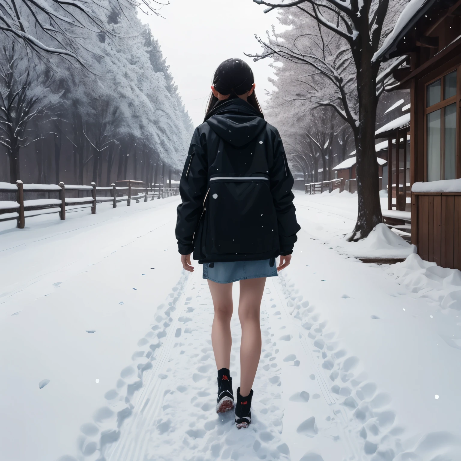 (masterpiece, highest quality, highest quality)Derivative illustration depicting casual daily life, young woman、Standing position、return、smile、whole body、blonde、sexy、cherry_flower, snow、alone,1 girl,looking at the viewer,walk、look back、