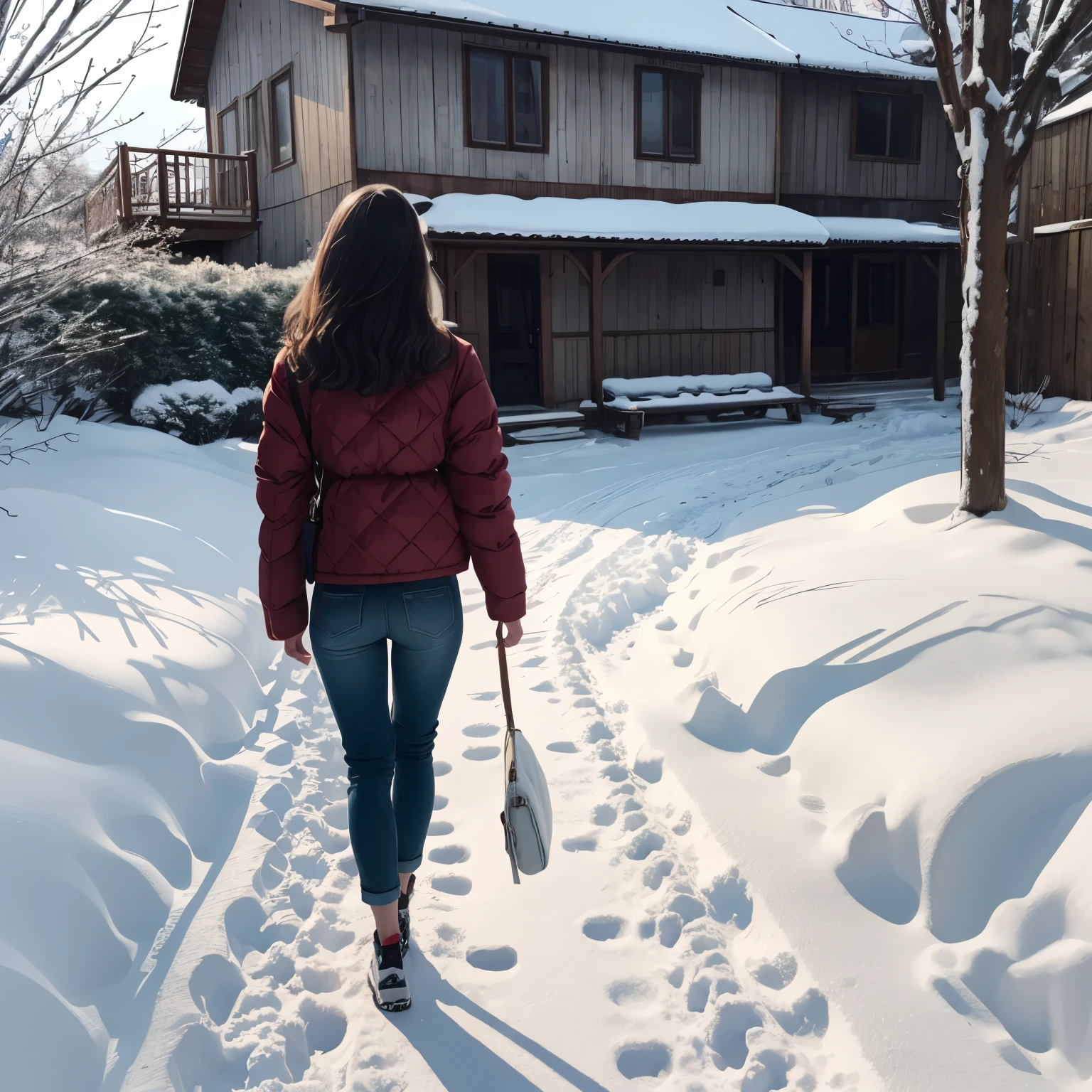 (masterpiece, highest quality, highest quality)Derivative illustration depicting casual daily life, young woman、Standing position、return、smile、whole body、blonde、sexy、cherry_flower, snow、alone,1 girl,looking at the viewer,walk、look back、