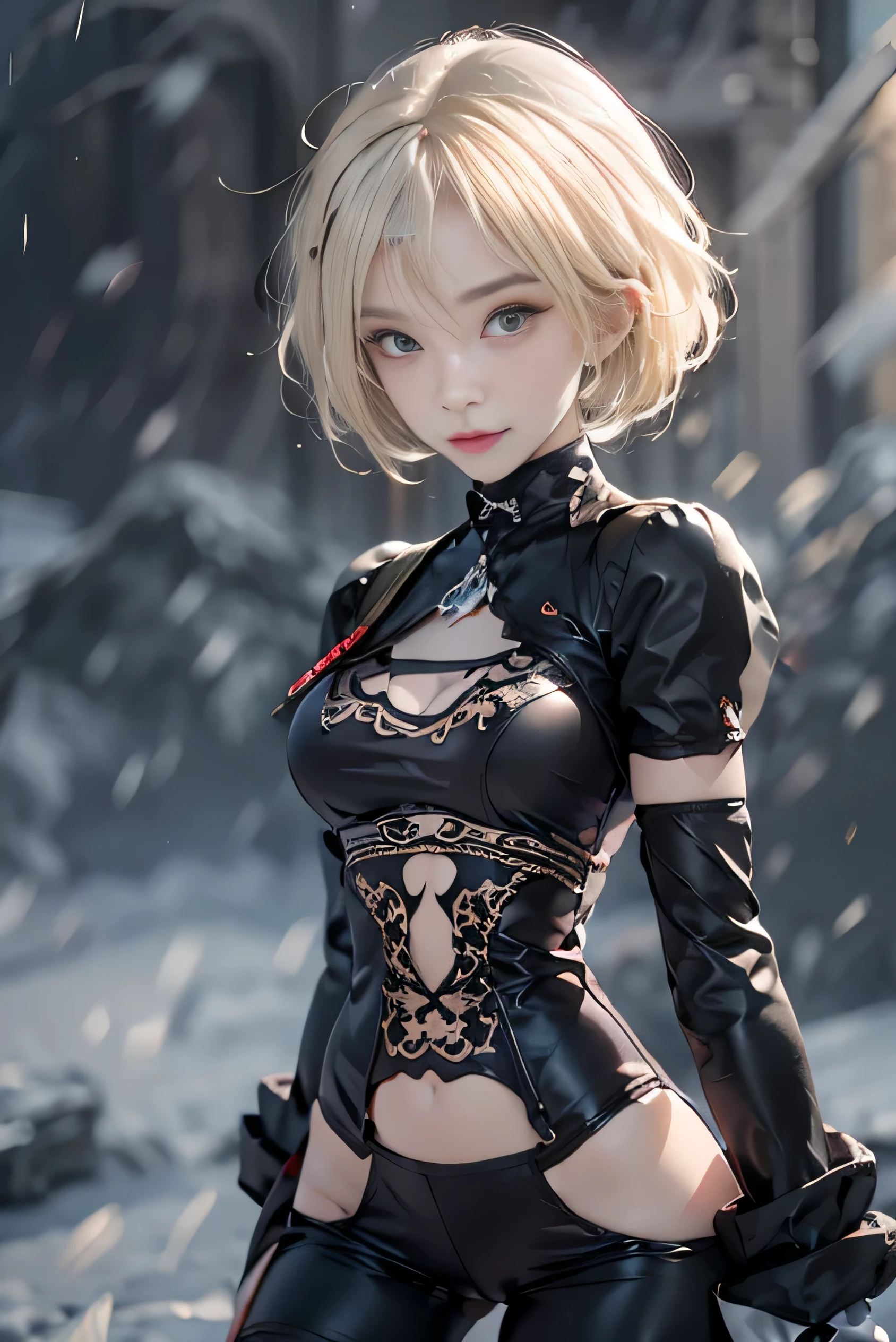 (photorealistic:1.5, highest quality,masterpiece,High resolution,muste piece),snow mountainに立つ１people&#39;s women,(NieR Automata 2B:1.9,choker), (looking at the camera:1.2),(View from behind:1.3),(short Hair:1.2,Light blonde hair:1.5), expression( Contented Smile:1.3,blushing:1.3),Pause( Seductive pose:1.5),background(snow mountain:1.5,ruins,apocalyptic world),(,slender, abs:1.2), (detailed perfect face:1.9),normal hands:1.5,normal finger:1:5,normal feet:1.5,(cameltoe)