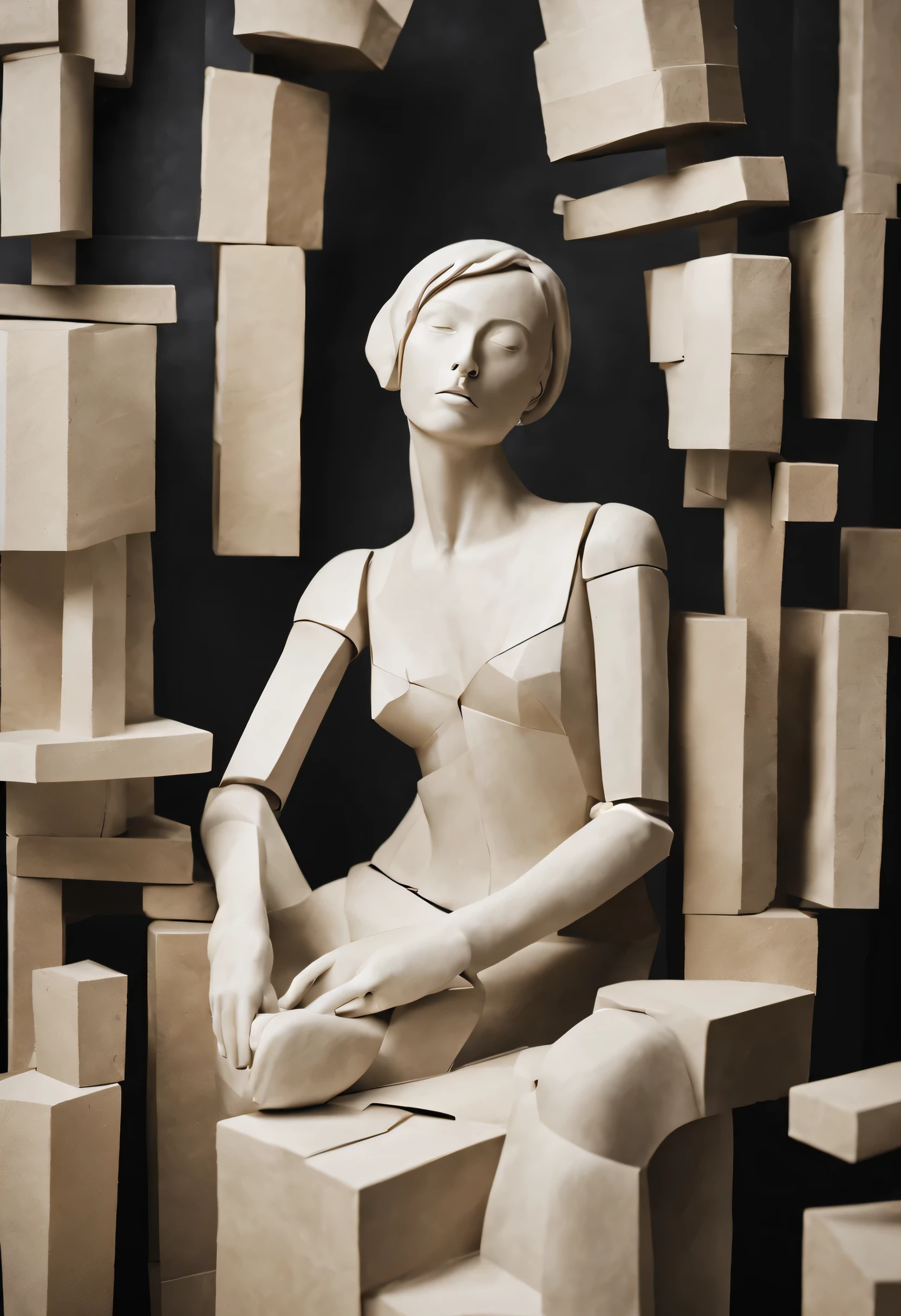 statue de femme, a la surface de carton ondulé, usé, avec, d&#39;inspiration cubiste, style robot anthropomorphe féminin, carton texturé, scotch, déchirures, Plus, angulaire ; sculpture abimée, un liquide sale noir et poisseux coule depuis plusieurs endroits ainsi que le long du corps de la sculpture et sur son visage en le recouvrant partiellement. il y a d'autres sculptures de corps en arrière plan, des mannequins de magasin, dans un grand entrepôt lugubre, une usine cauchemardesque. nombreuses fuites de liquide noir coulant depuis des canalisations anarchiques au plafond, l'usine est traversée par de nombreux câbles et fils électriques disparates qui pendent de toutes parts, emmêlés et mal accrochés partout, tombant du plafond des câbles passent aussi au premier plan devant le robot femme et le liquide noir coule également sur les câbles les murs et les colonnes de béton comme une bave opaque et visqueuse dans cet endroit sale et chaotique jonché de membres robotiques féminins disloqués de partout, il y a beaucoup de saleté flottant dans l'air et sur toutes les surfaces du lieu, tout est poisseux, humide, sombre, cheveux noirs, Cheveux humide, regard vide, Lèvres entrouvertes, lèvres rouges, pieds hors cadre, 35mm, 135mm, canon, premier plan flou, perspective atmosphérique, détail élevé, Architecture d&#39;intérieur, expressionnisme, le réalisme, Futurisme ubiste, cineavecic lighting, grain de film, 8K, chef-d&#39;œuvre, haute résolution, meilleure qualité, Super détail