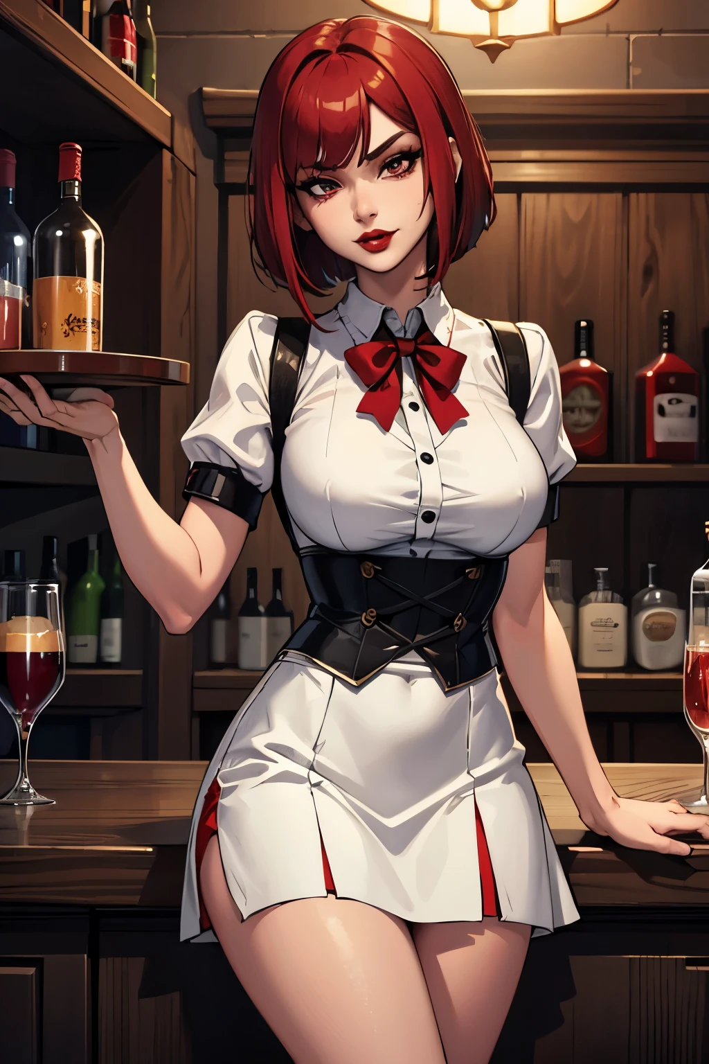 high detailed, 8k, highres, 1girl, solo, fantasy, barmaid, scarlet hair, bob cut, ((dark red lips)), evil, mean, sadistic, white skirt, white shirt, tavern, inn