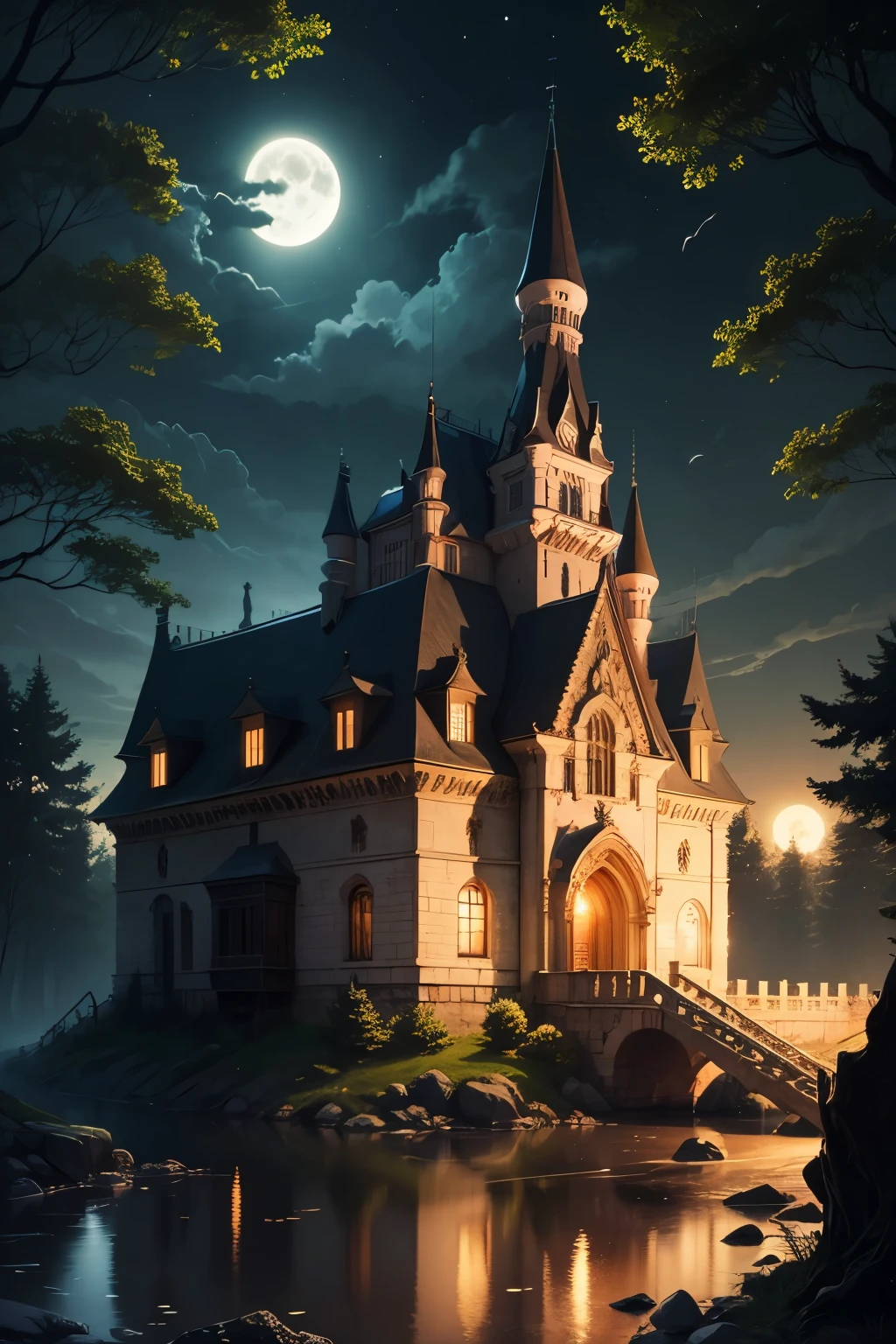 Castle in forest, nighttime, full moon, moonlight