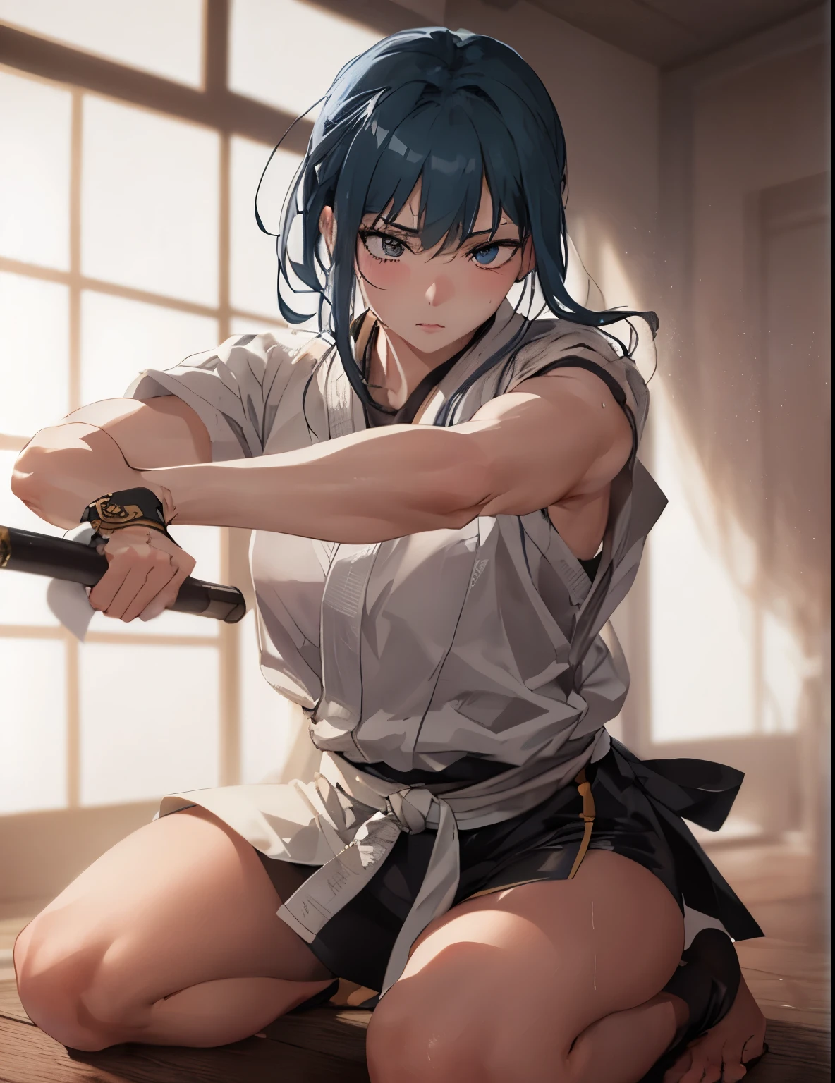 (best quality:1.2),ultra-detailed,realistic,pose of victory,dojo,karate,black belt,determined expression,strong physique,reflected intensity,focused eyes,traditional martial arts,sweat on forehead,muscular arms and legs,precision in movements,traditional gi,sense of discipline,peaceful dojo environment,respectful atmosphere,wooden flooring,shiny wooden weapons,dojo masters,students practicing,meditative mindset,zen-like surroundings,calmness and tranquility,vivid colors,crisp lighting,clean and uncluttered background,sharp focus,showcasing the beauty and power of martial arts