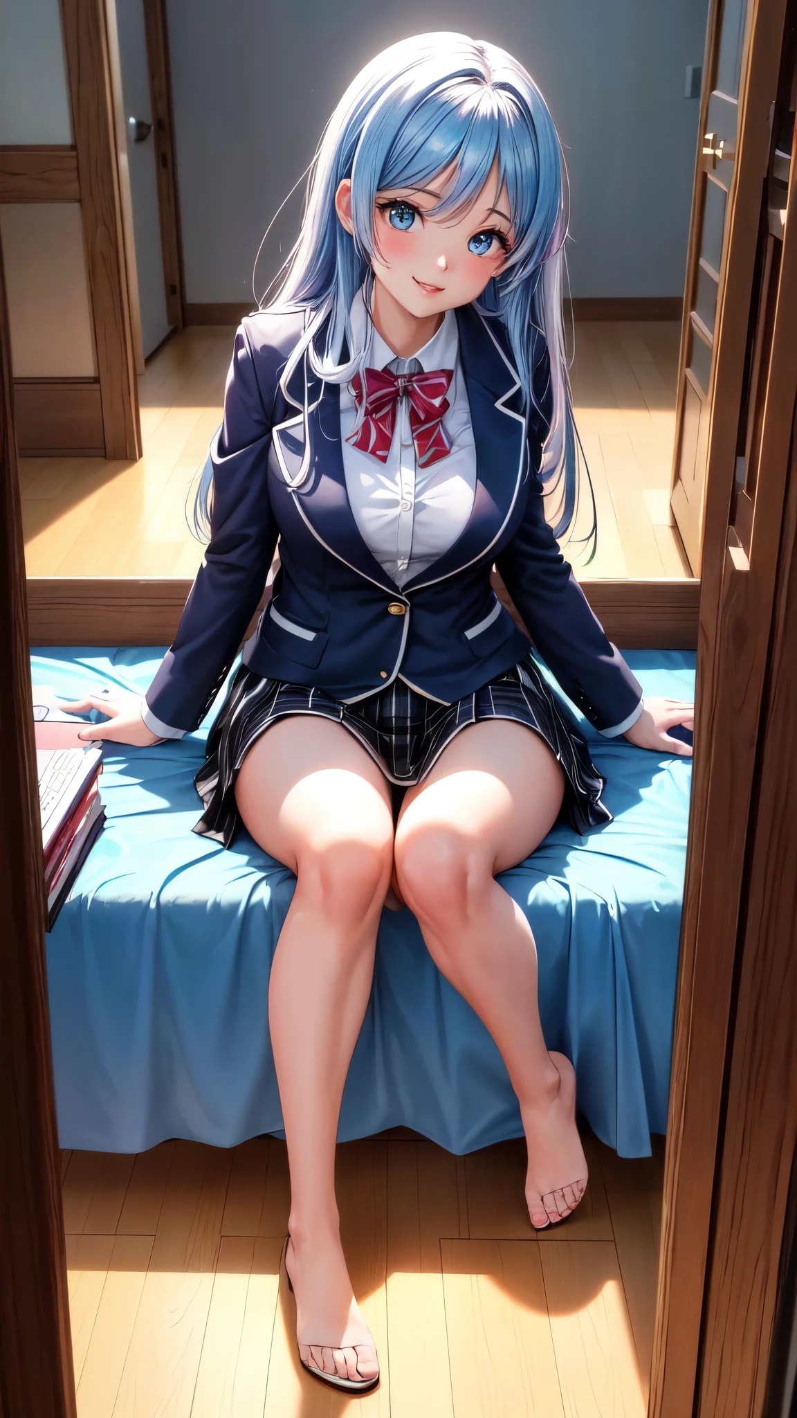 (full body view), anime, Estilo Anime Mulher Realista, (Blue-eyed Hungarian), de 18 anos, ((blazer cinza, Amor, Minissaia dobrada azul escuro, Meias)), University Classroom, Belo detalhe nos olhos, (tamanho dos olhos: 3/4) luz no rosto, (((detalhes intrincados))), ((Foto de corpo inteiro: 1.2)), Luz especialmente forte, (Olhos superiores, Sorriso sorridente: 1.2), pele brilhante, (((random hair color))), (coxas grossas), ulzzang-6500-v1.1: 0.2, Shy, (flash: 1.2), NSFW , (Inchado), ((postura sedutora: 1.2, atraente: 1.2)), (inativo), sentado em uma mesa: 1.2, ((boa anatomia: 1.2)), Sala de aula luminosa e refrescante, beautiful and symmetrical face, natural side lighting, 8k, Fotos RAW, Qualidade superior, Obras-primas, RAW color photos high definition professional close-up photos, (realista, fotorrealismo: 1.37), (mais alta qualidade), (sombras claras de alto contraste), (better illustrations), (erotic, sexy, ultra-high resolution, 8K HD Unified CG Wallpapers, Physical representation, film lighting), ((Canon EOS R50 camera with 50mm lens))